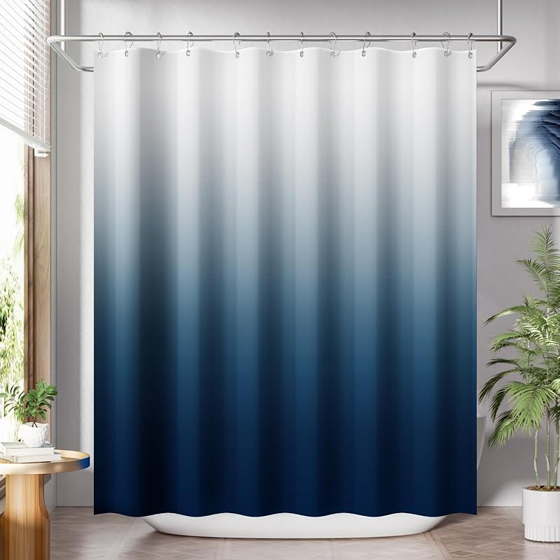 AmazerBath Cortina de ducha, juego de cortinas de tela azul degradado con 12 ganchos, cortina de tela lavable azul marino y blanca, baño rústico de granja, 72 x 72 pulgadas