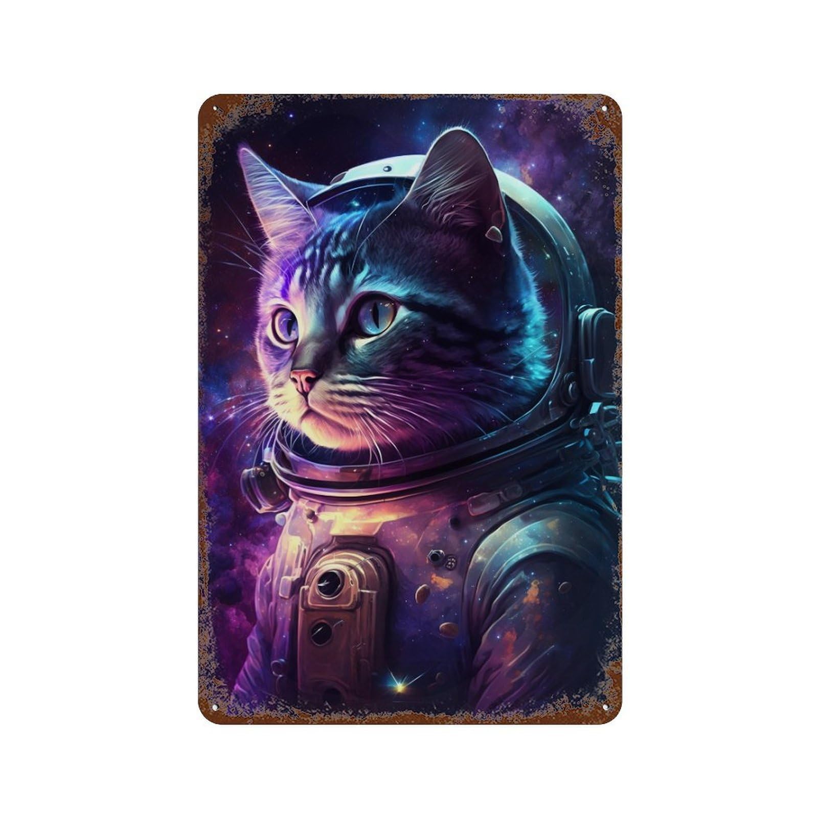 Decorative Tin Sign with Cosmic Cat Explorer-1 Design 11.8"x7.9", for Farmhouse, Kitchen And Entryway Decor, Decorative Metal Wall Art
