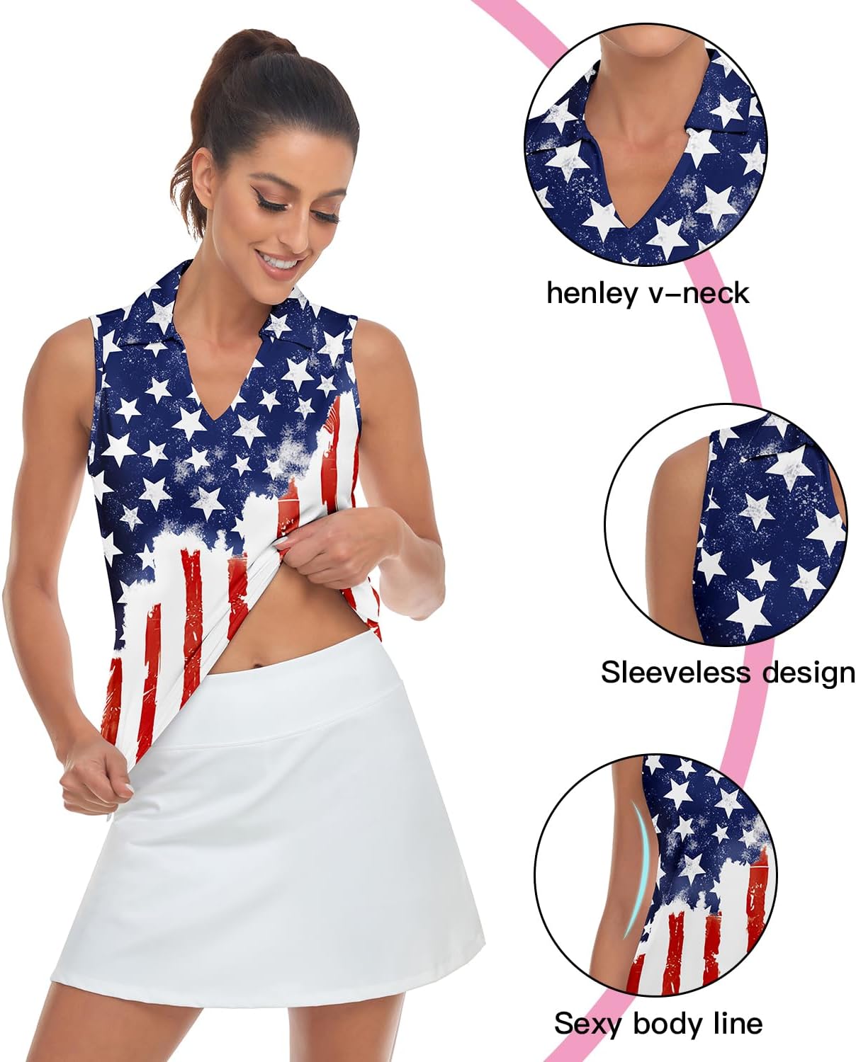 Soneven Women's Sleeveless Golf Shirts Printed Moisture Wicking V Neck Golf Polo Shirts Racerback Golf Tank Tops