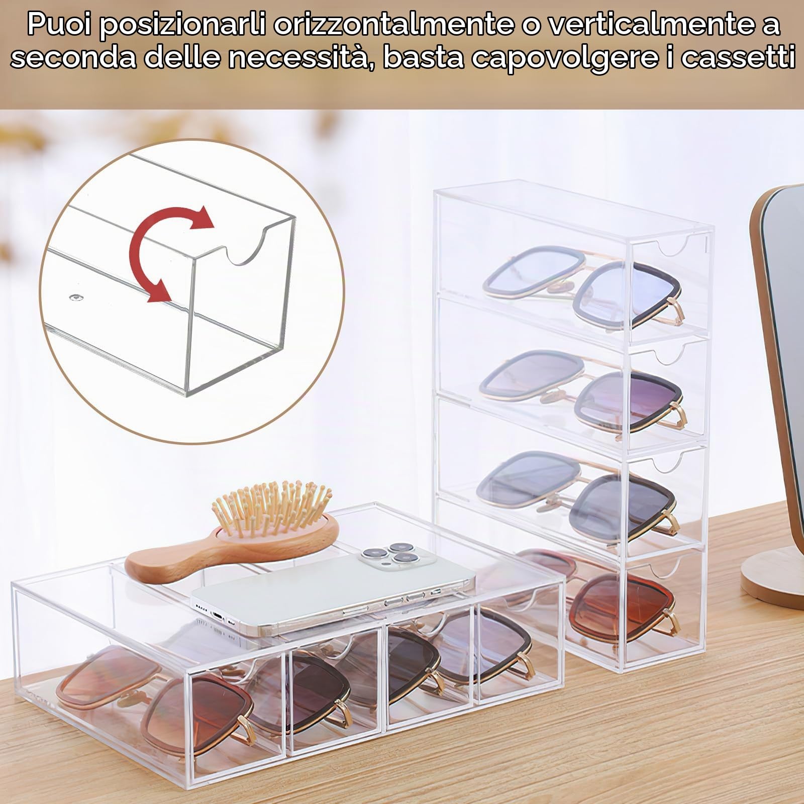 Scatola di immagazzinaggio trasparente per occhiali, 2 pezzi, organizer per occhiali da sole, 4 cassetti per occhiali, orologi e gioielli