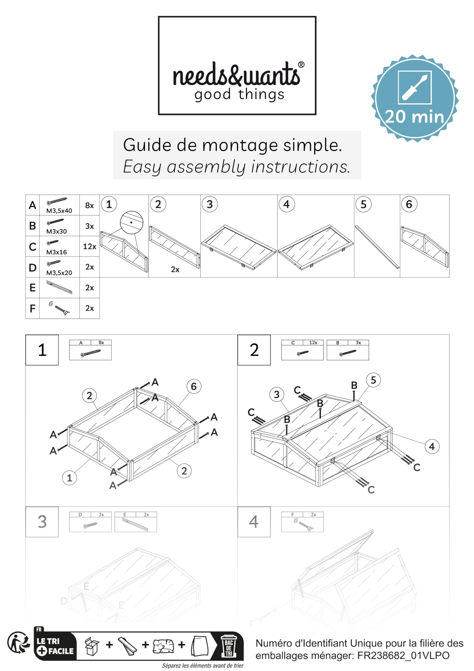 needs&wants® Kit de Petite Serre en Bois - Serre de Jardin, avec Couvercle Résistant aux Intempéries pour Jardin, Balcon, Extérieur, 90x82x32 cm, Polycarbonate, Brun Foncé