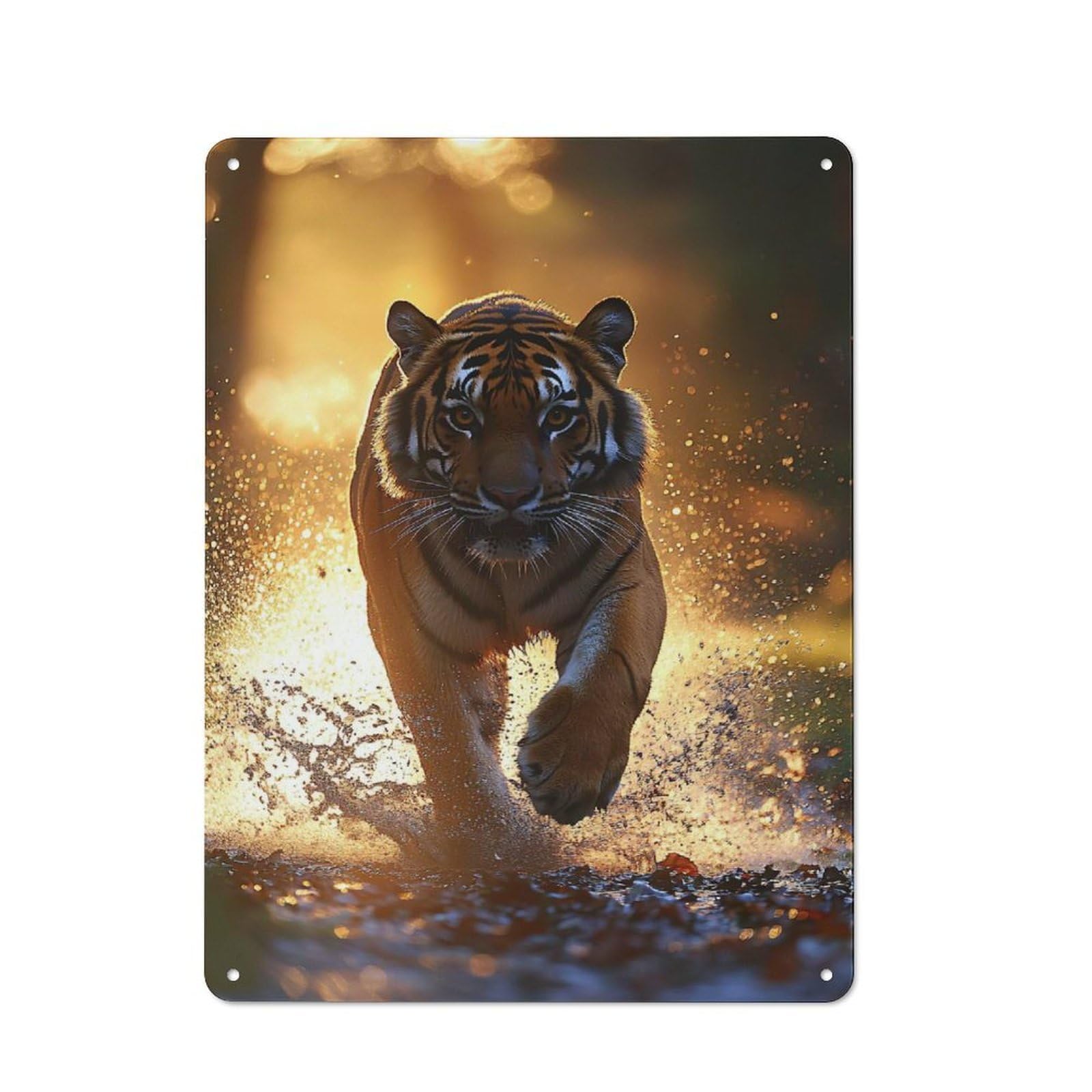 Junmoney Style-5 Tiger Running Through Water At Sunset Rustic Tin Wall Plaque 40X30cm For Hobby Room Or Studio, A New Home Present For Creative Interior Collectors