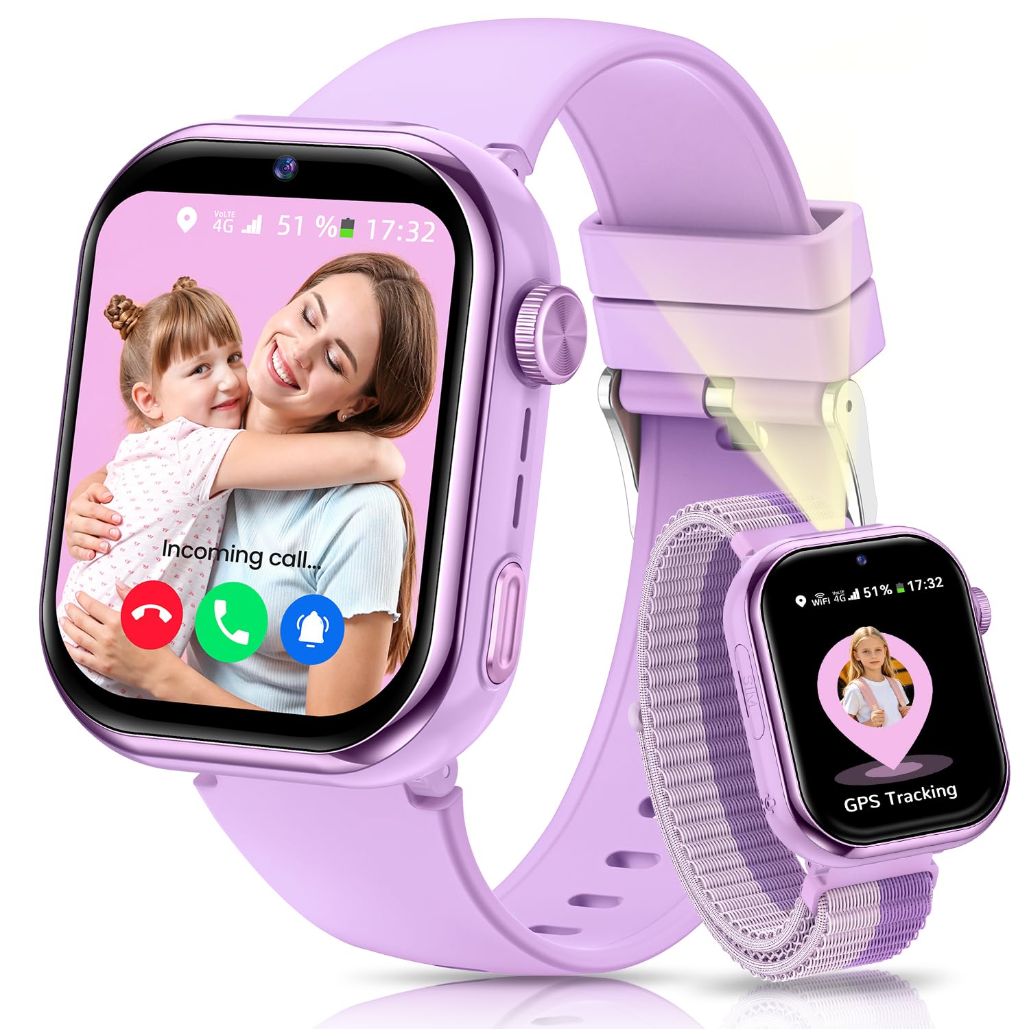 Smartwatch Kinder mit GPS und Telefon, Kinderuhr mit SIM, Videoanrufe, IP68, Lila