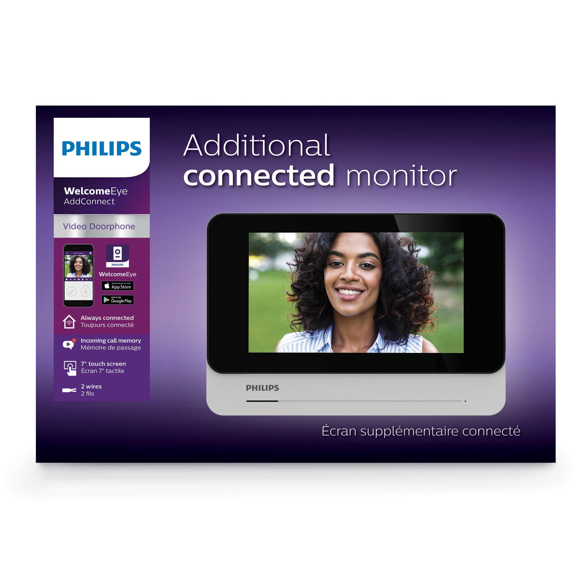 PHILIPS WelcomeEye AddConnect - Moniteur Supplémentaire Connecté 7" pour Visiophone WelcomeEye Connect/Connect 2/3, Écran Tactile Ultra-Plat, Installation 2 Fils, Fonction Intercom, Noir/Aluminium | Écran tactile 7", 2 fils jusqu'à 120 m, application Welc