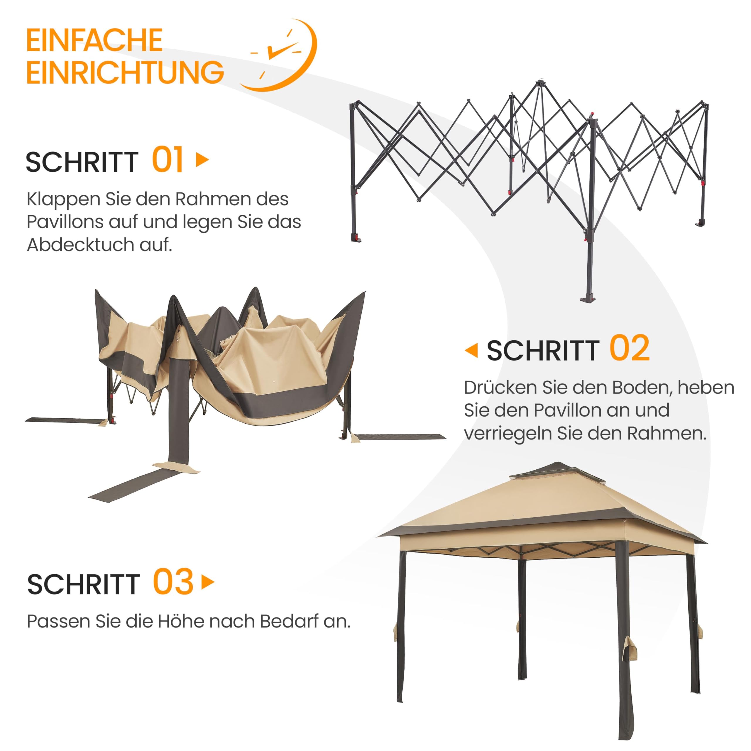 Yaheetech Pavillon 3,3x3,3m Wasserdicht Stabil Pop Up Faltpavillon, Höhenverstellbar Gartenpavillon mit 4 Moskitonetz Seitenteilen & Doppeldach Partyzelt inkl. Tragetasche, Khaki+Braun