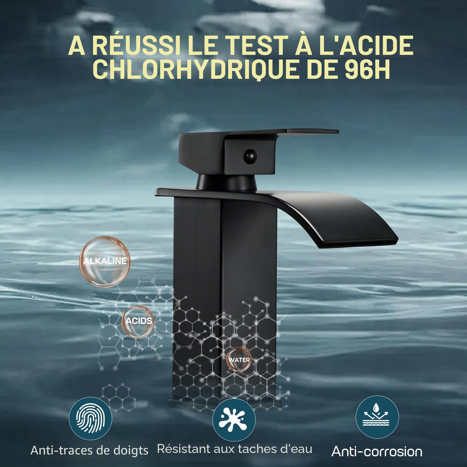 Peppermint Robinets de lavabo cascade noir mat avec fente pop-up robinet mitigeur d'évier de salle de bain monobloc 1 trou avec tuyaux G1/2" modernes robinets de vestiaire mono en acier inoxydable