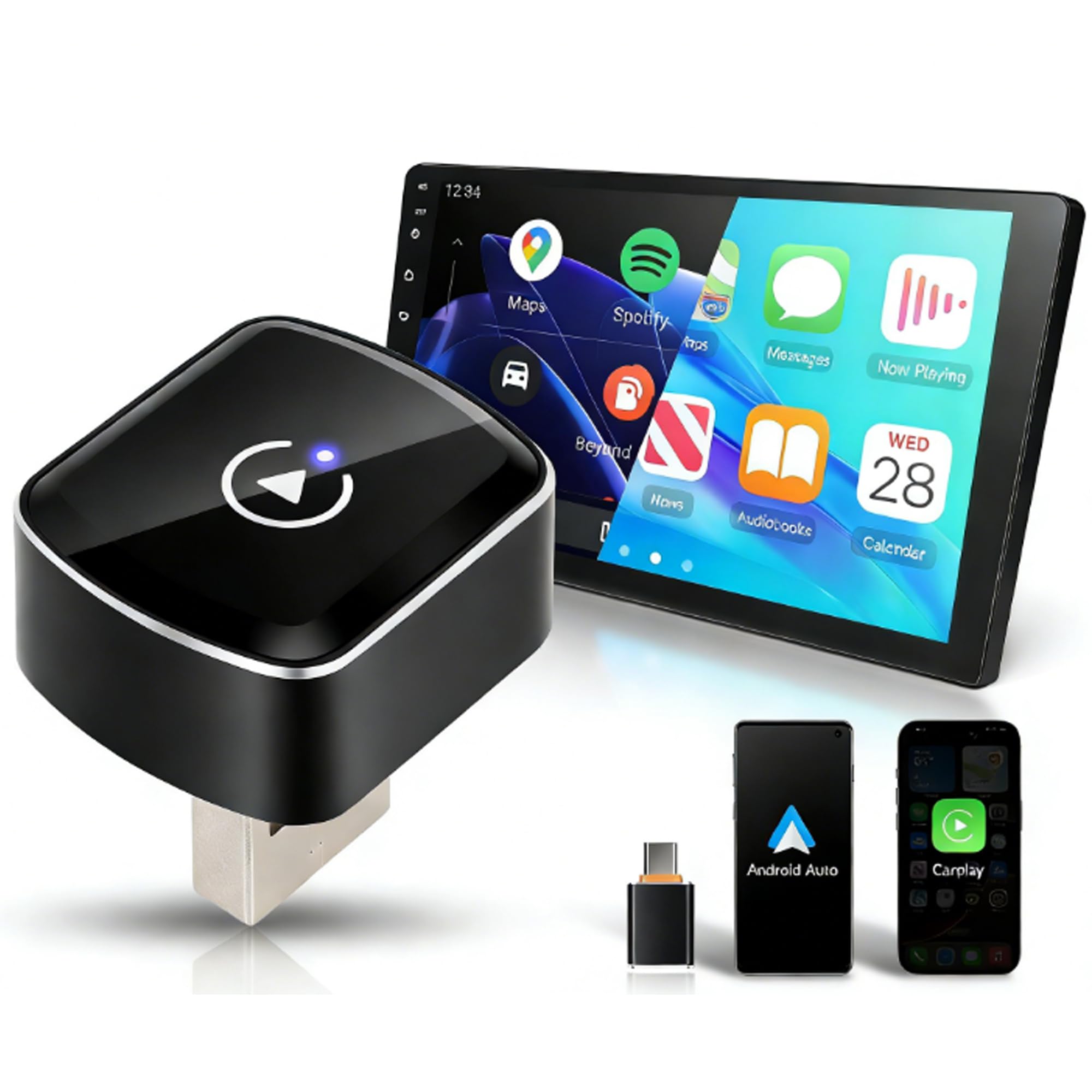 2 en 1 Sans fil Carplay Adapter & sans fil Android Auto Adapter, Convertir Wired Android Auto/Car Play en Wireless pour Les Voitures avec Wired CarPlay, Car Play Adaptateur USB/Type-C Plug & Play
