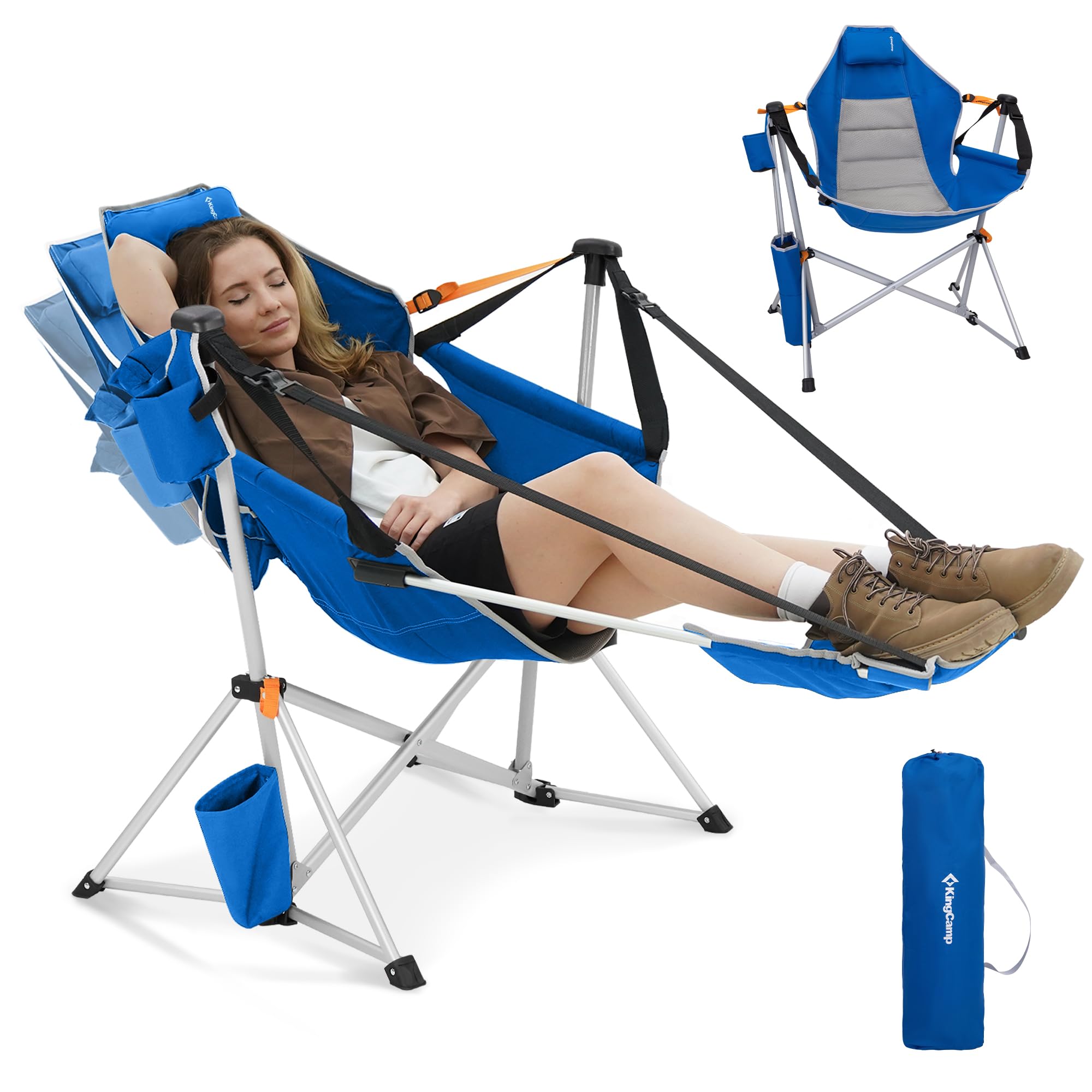 KingCamp Campingstuhl faltbar Faltstuhl mit Fußstütze, Alu Verstellbarer Rücken Camping Stuhl mit Getränkehalter, Gartenstuhl für Outdoor Reisen Garten Strand, Blau