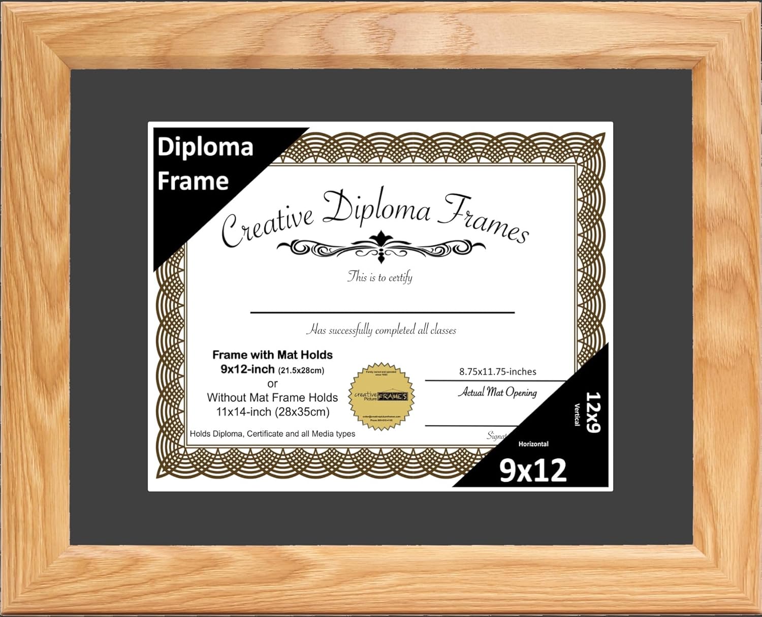 Creative Picture Frames 9x12 Oak Finish Diploma Frame with Black Mat Glass Easel and Installed Wall Hangers | Frame Holds 11x14 Media without Mat