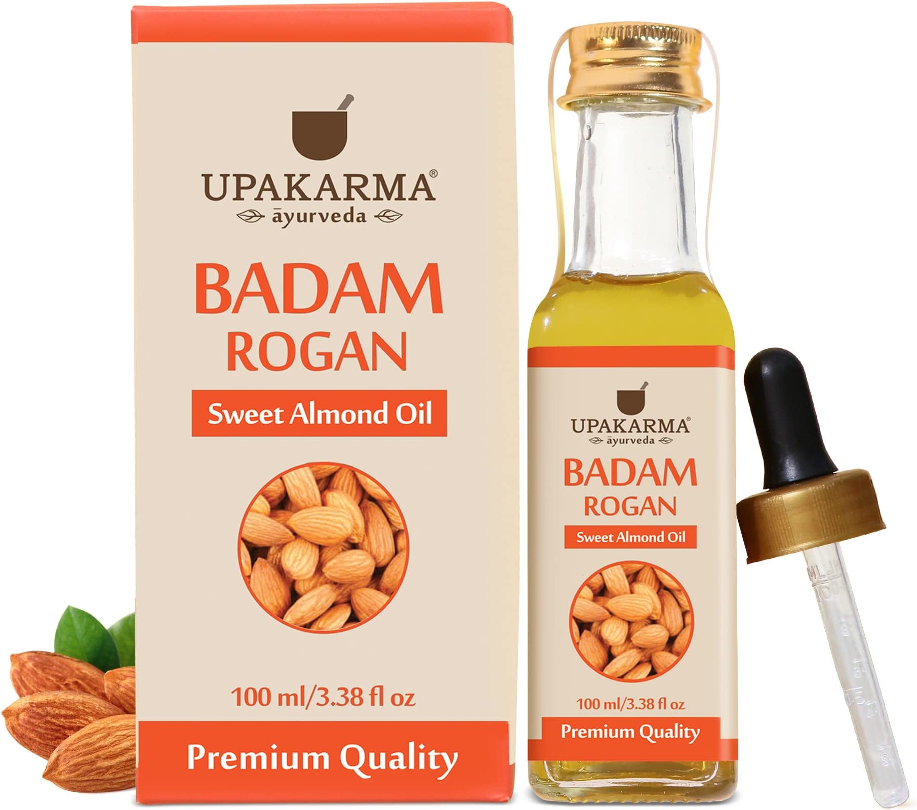 UPAKARMA Ayurveda Premium Badam Rogan Oil - 100ml | Pure & Natural Cold Pressed Sweet Almond Oil | Promotes Skin & Hair Health | Pack of 1