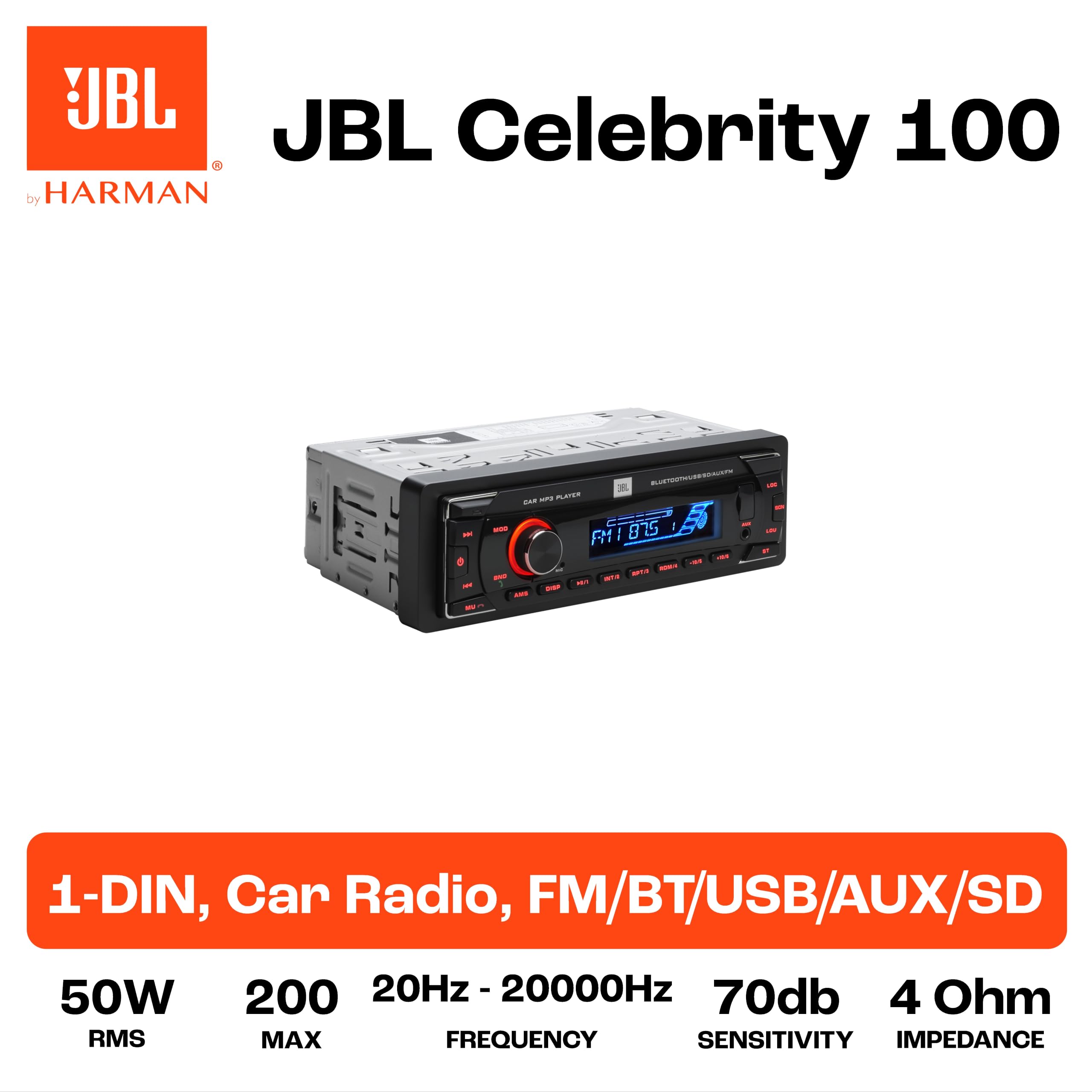 JBL Autoradio Bluetooth Voiture Celebrity 100 par Harman Kardon, Poste Radio 1 DIN, 4x50W, FM, Streaming Bluetooth, kit Main Libre Voiture, écran Amovible, USB, SD et AUX