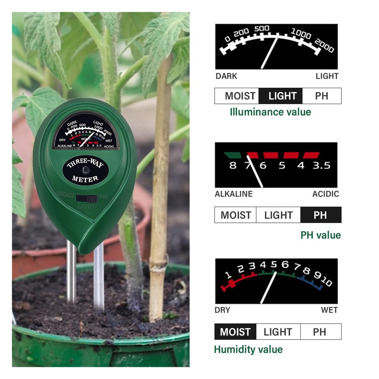 Medidor De Humedad Medidor De Ph Del Suelo Monitor De Humedad Solar Jardín Tierras De Cultivo Plantación Flor Acidez Probador Del Suelo(Green)