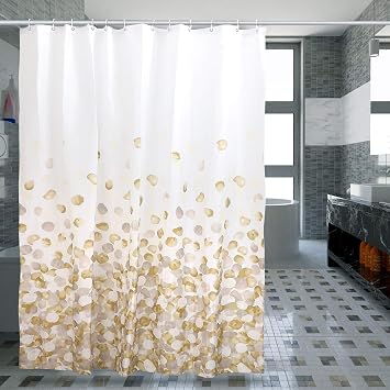Flower Shower Curtain, Elegant Gold and White Floral Petal Bath Curtain, High-Grade Thick Waterproof Fabric Polyester Decorative Bath Curtain, 72 x 72 inches