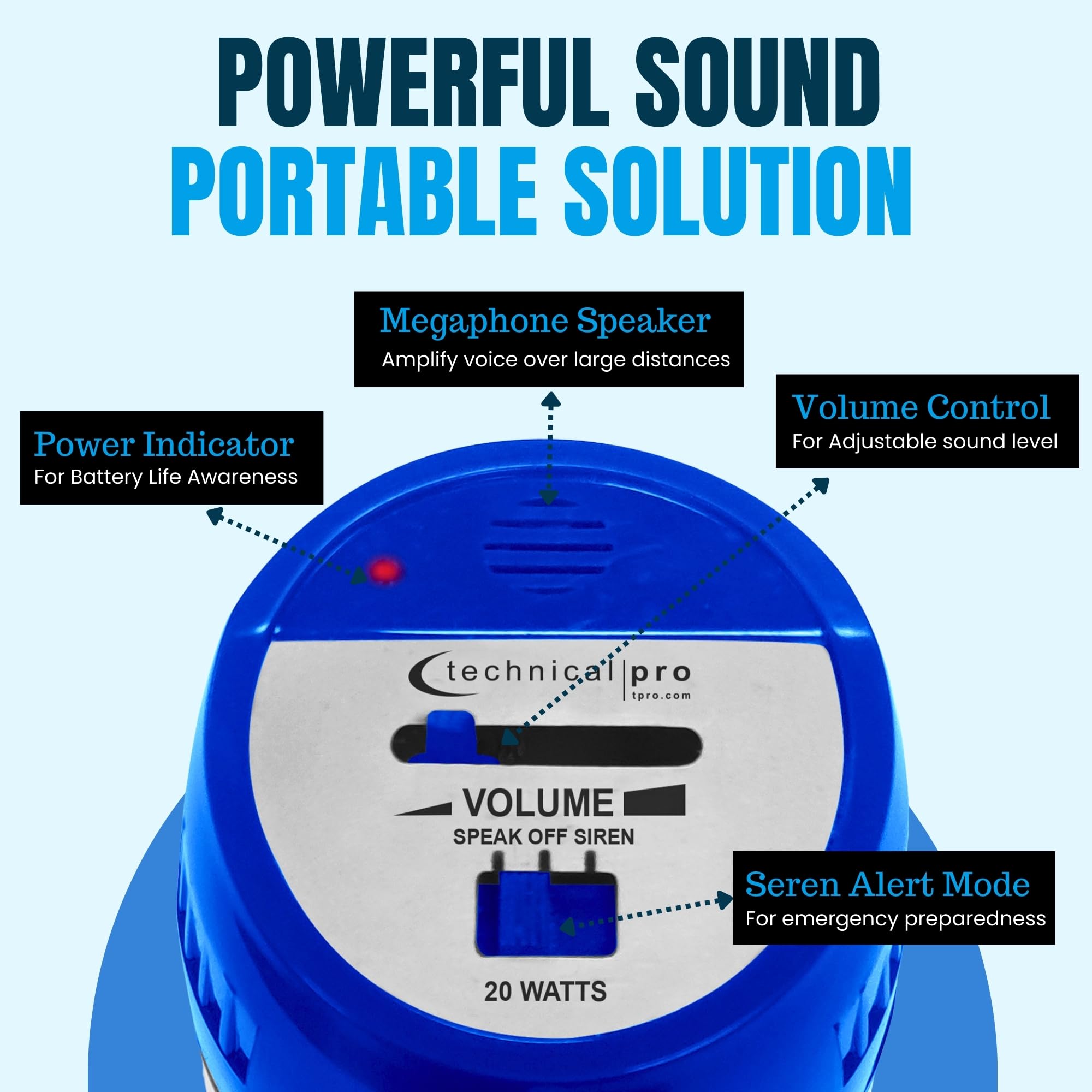 Technical Pro Megáfono MPH15 Altavoz PA con Alcance de hasta 800 Yardas para Eventos Deportivos, campamentos, Entrenadores de conducción y taladros de Seguridad, con Volumen Ajustable y Sirena