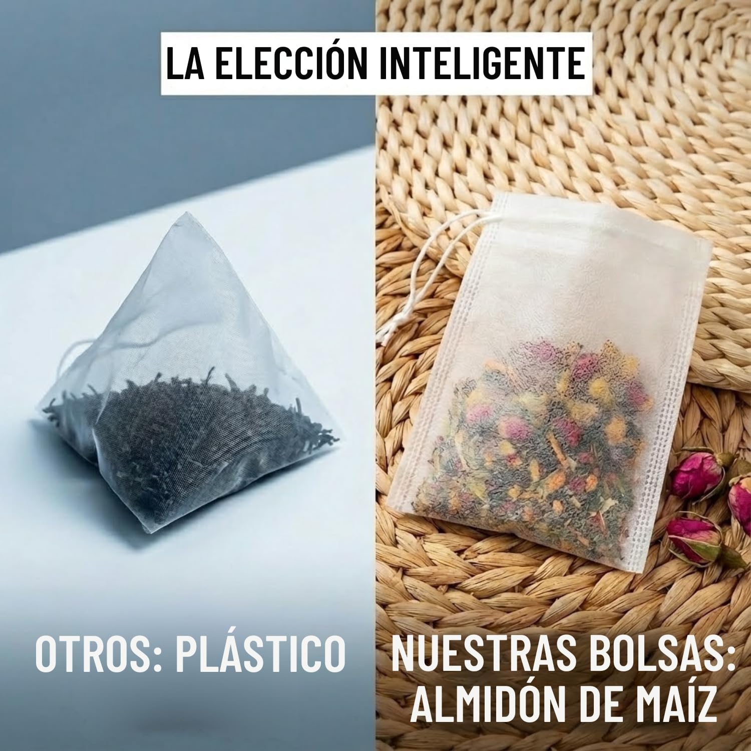 100 Bolsas de Té Desechables para Rellenar de Almidón de Maíz - Filtros Vacíos para Té a Granel, Infusiones, Especias - Sin Plástico, No se Derriten - Tamaño Grande 8x6cm con Cordón