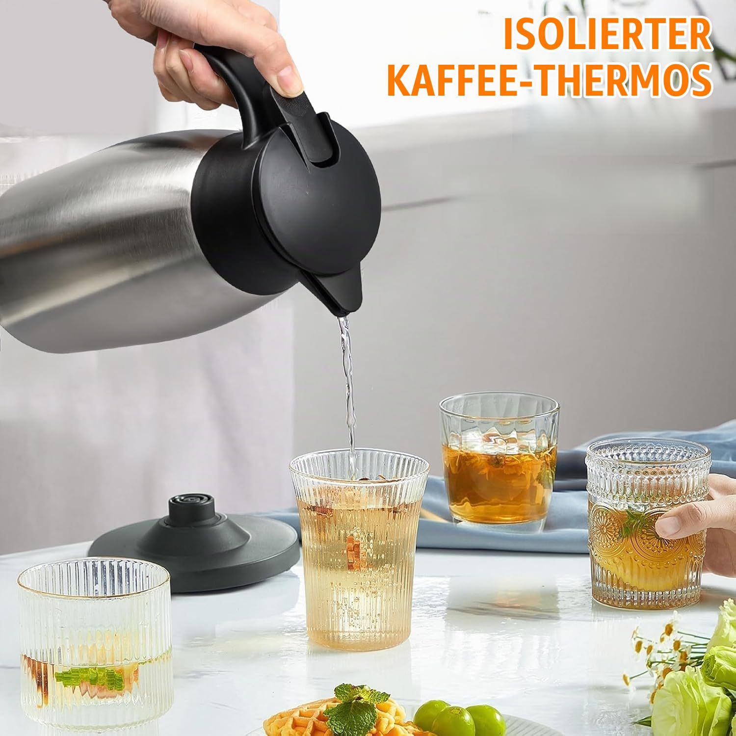 2 Stück Thermokanne Isolerkanne 2 Liter, 304 Edelstahl Isolierte Isolierkanne, 24 Stunden Wärmedämmung, für Kaffee, Tee, Wasser, Getränk, Warmhaltekanne (Silber, Schwarz)