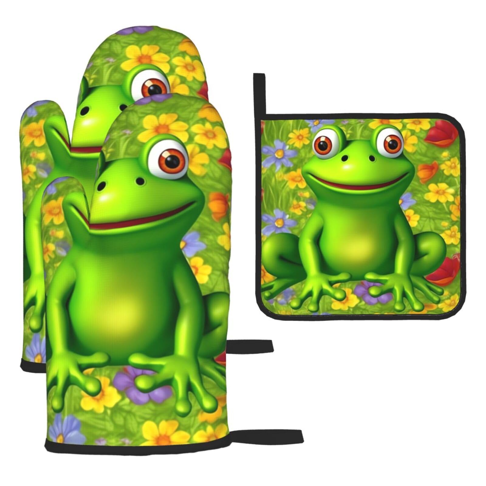 3 Piece Oven Mitts and Pot Holders Set Heat Resistant Oven Gloves and Potholders BBQ Gloves Hot Pads Frog Cooking Gloves for Kitchen Baking Grilling