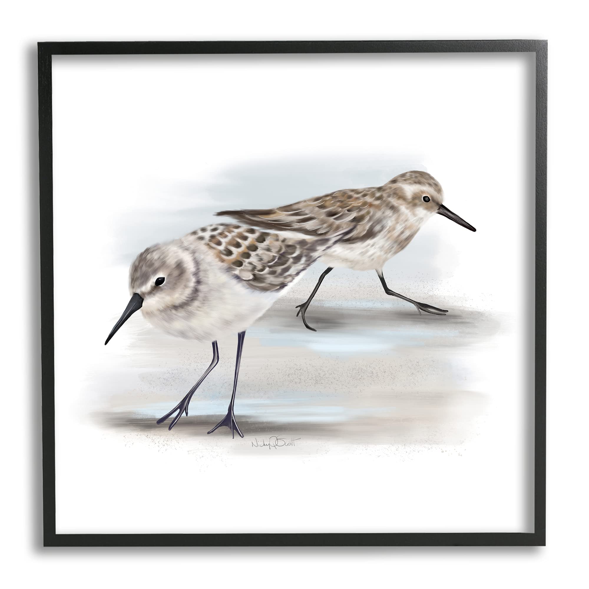 Stupell Industries Sandpiper Pair on Sandy Beach Small Nautical Birds, Designed by Studio Q Black Framed Wall Art, 17 x 17, Grey