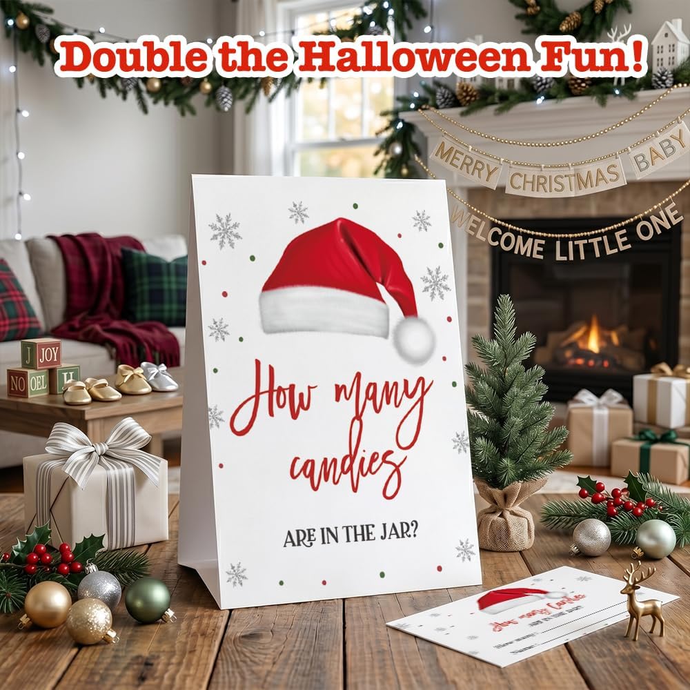 Christmas Santa Hat Games for Families,Candy Guessing How Many Candies are in the Jar Raffle Cards Kits,(1 Standing Sign & 50 Guessing Cards),Holiday Party Games Gifts for Adults,Christmas Party Game Decor image 5