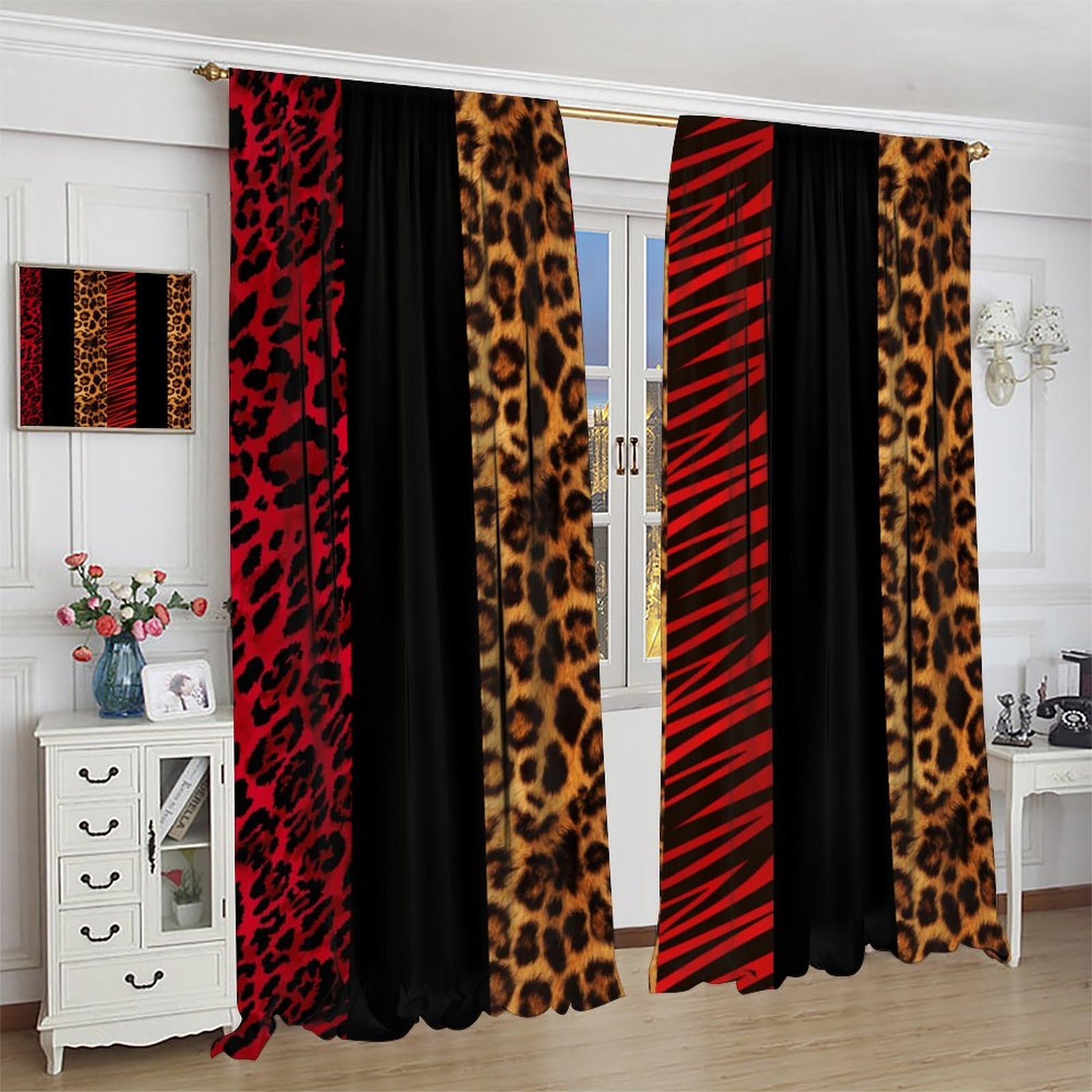 Amazon｜ヒョウ柄ウィンドウカーテン、赤と黒ヒョウの質感 部屋を暗く