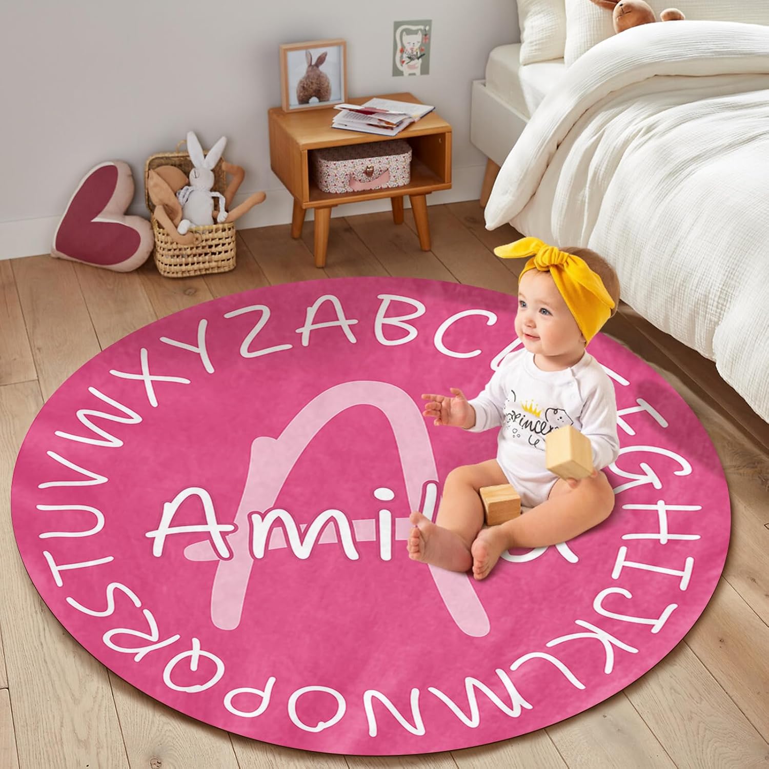 ABC Nursery Rug Custom with Name, Personalized Round Pink Rug for Baby Girls Toddlers Kids, Soft Activity Crawling Play Mat Area Rugs for Bedroom Pink(3.9ft/47)