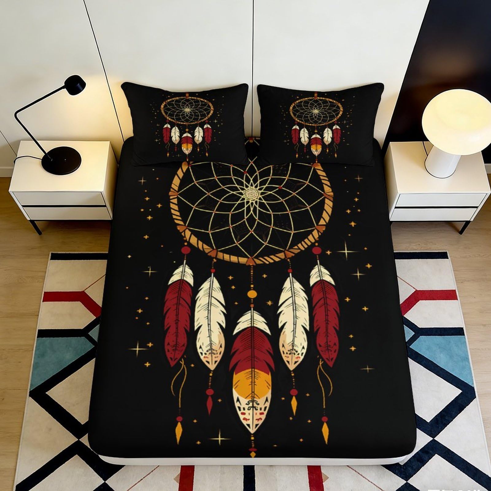 3D Printed Dreamcatcher Fitted Sheet Microfiber Soft Black Feather Pattern Mattress Cover Bedroom Decor 90x200x25cm