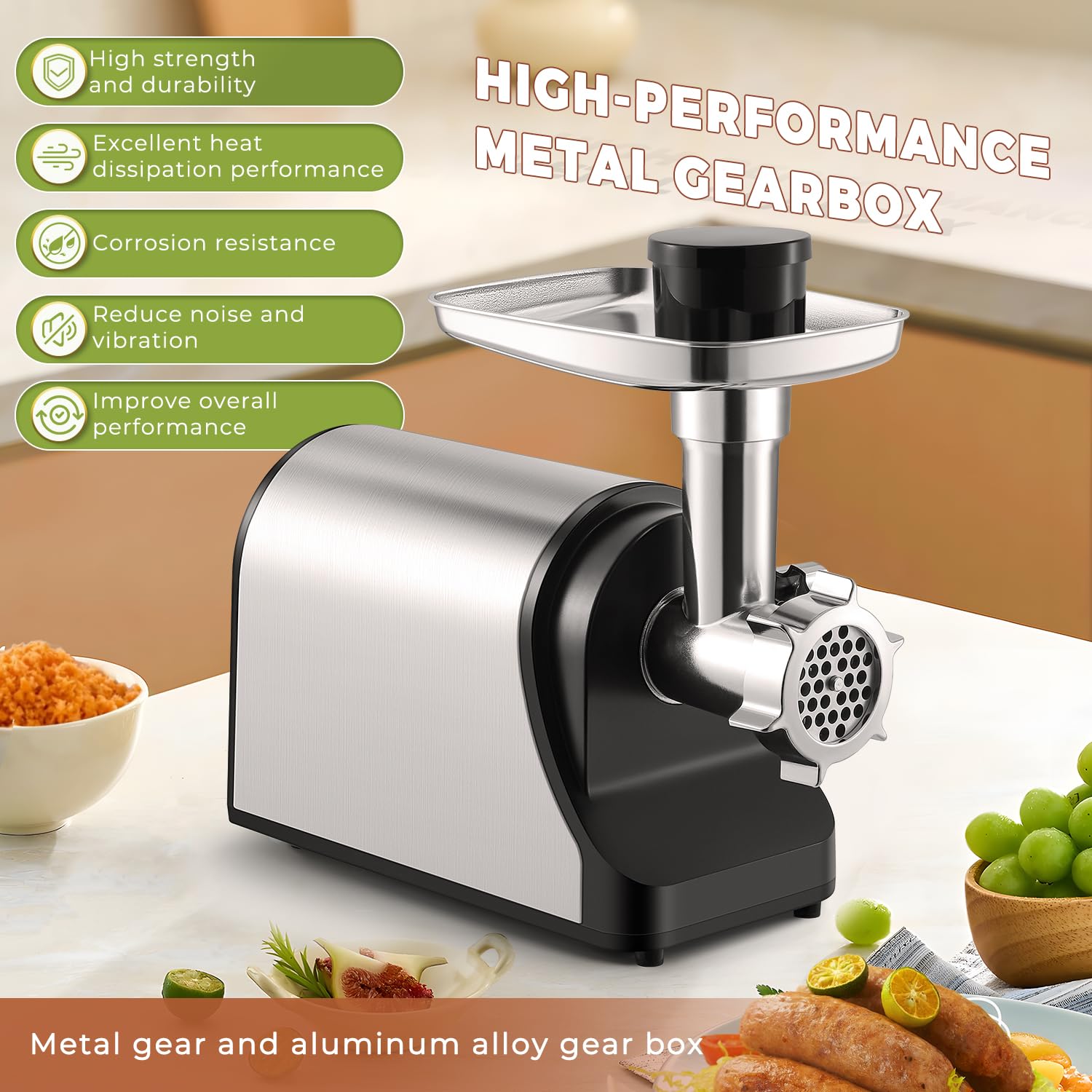 Picadora de carne eléctrica multifuncional de 3200 W, molinillo de carne comercial resistente, trituradora de verduras, cortador de hielo con 2 cuchillas, 3 placas de molienda, 3 tubos de 6