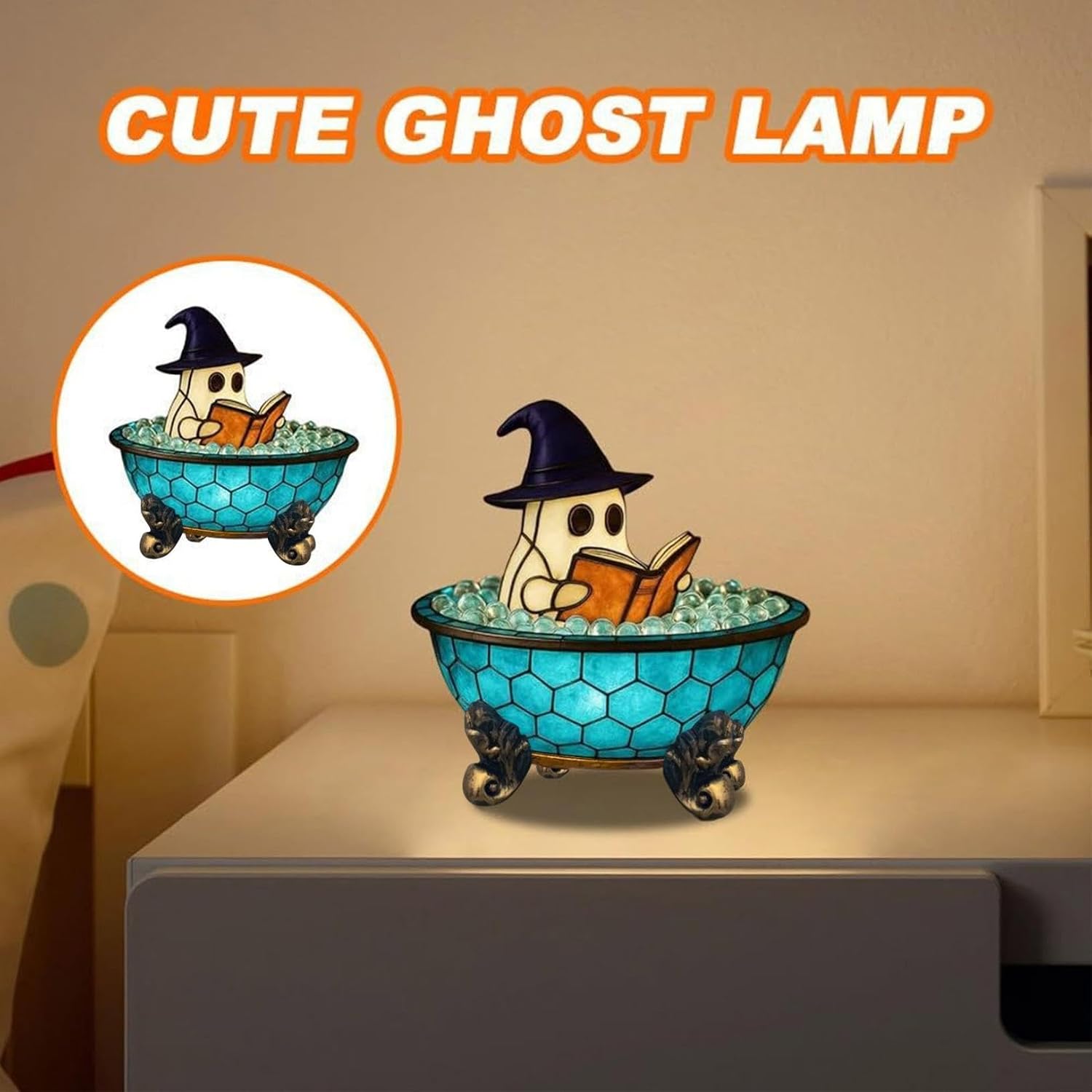 Cute Witch Ghost Bathtub Night Light, Soft LED Light for Reading Book Lamp, Whimsical Spooky Halloween Bedroom Decoration, Indoor Halloween Decor for Party, Nightlight & Gift，Blue image 5