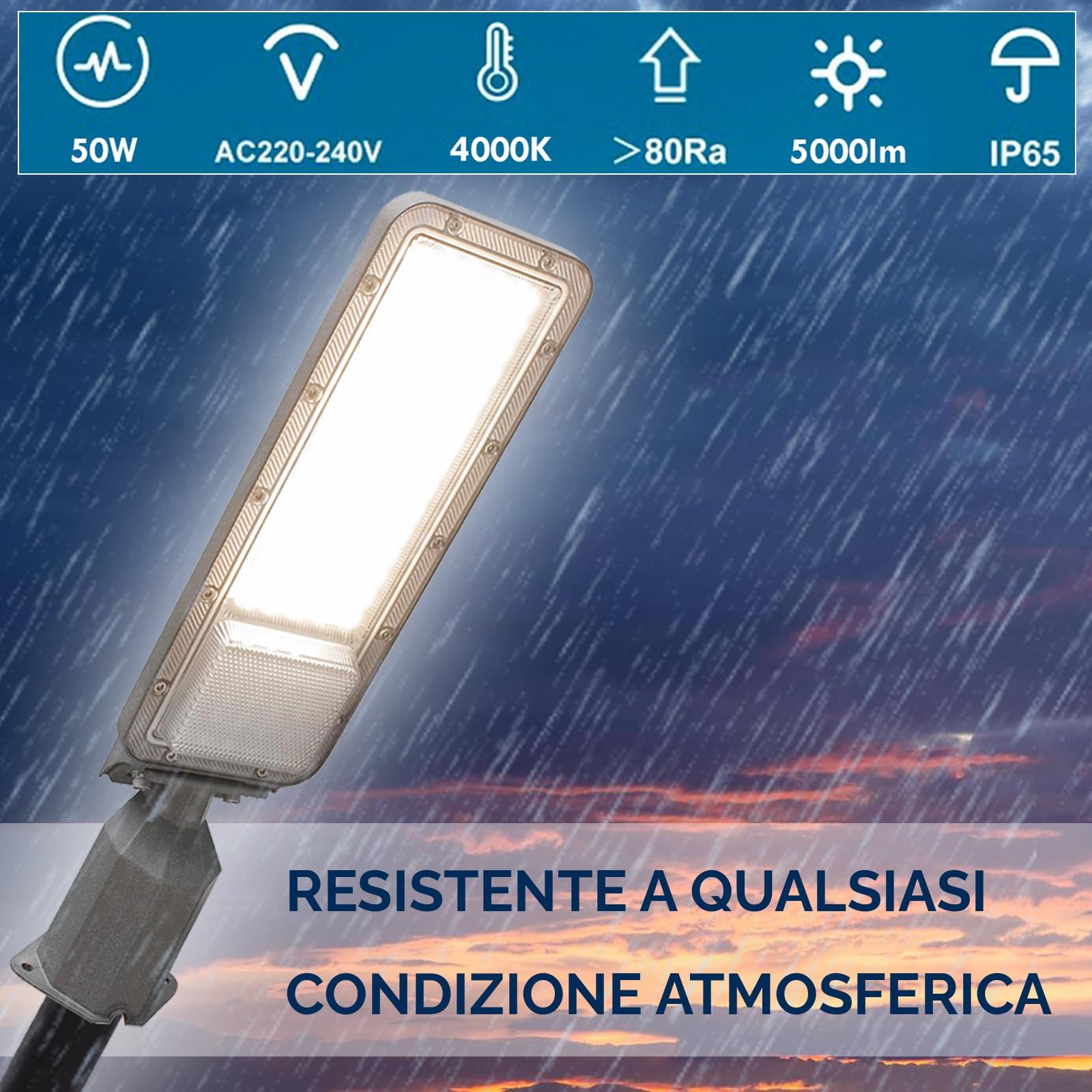 Planetitaly Faro Armatura Luce Stradale IP65 Lampione LED 50W inclinabile 90° Led 4000K 5000lm 230V, Ideale per Campi da Calcio, Tennis, Padel, Giardino, Garage, Parcheggio, Viale, Luce di Sicurezza