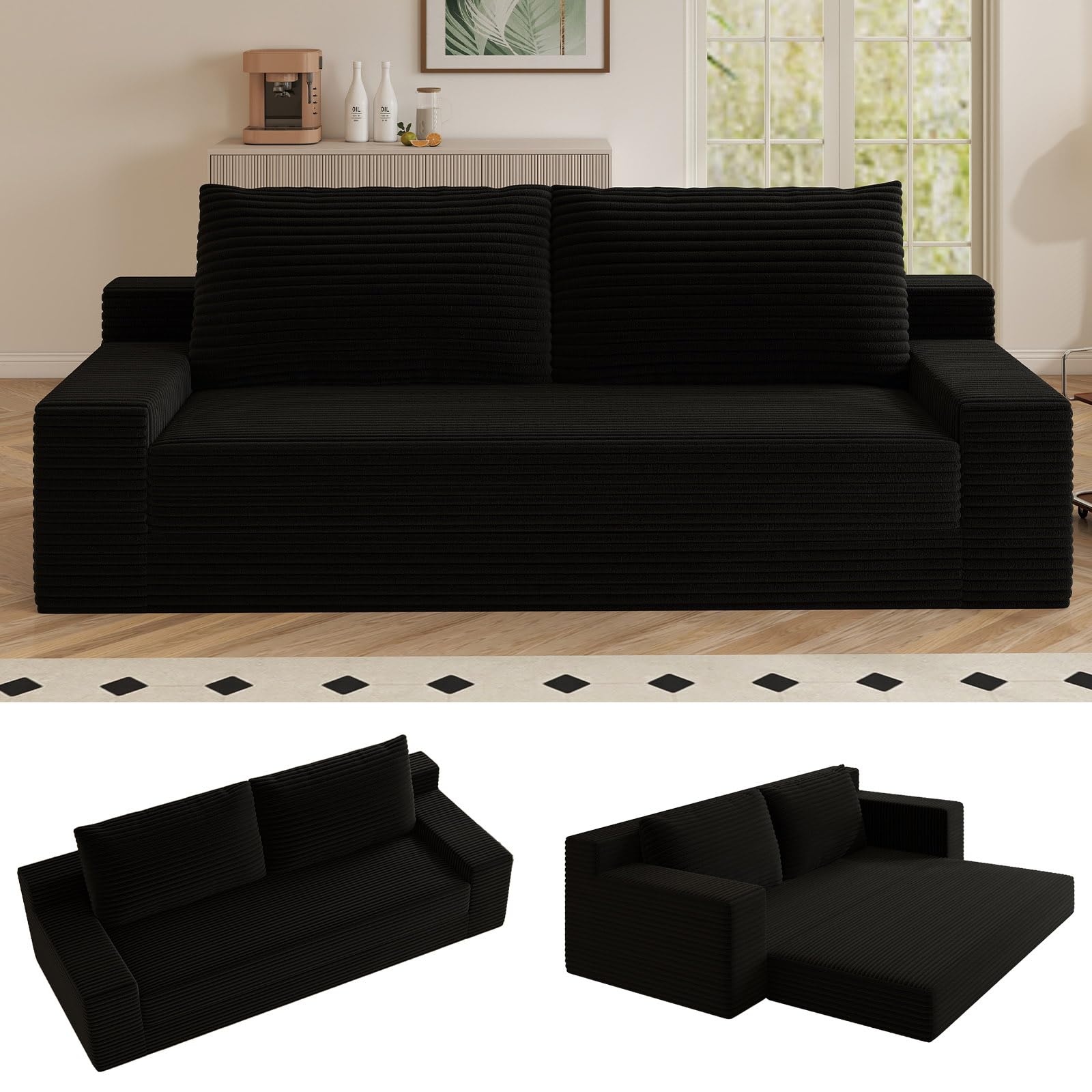 Lakifun 70.87" Loveseat Sofa, Comfy Deep Seat, Modern Small Corduroy Couch for Living Room, Bedroom, Apartment, Home Office, No Assembly, Black