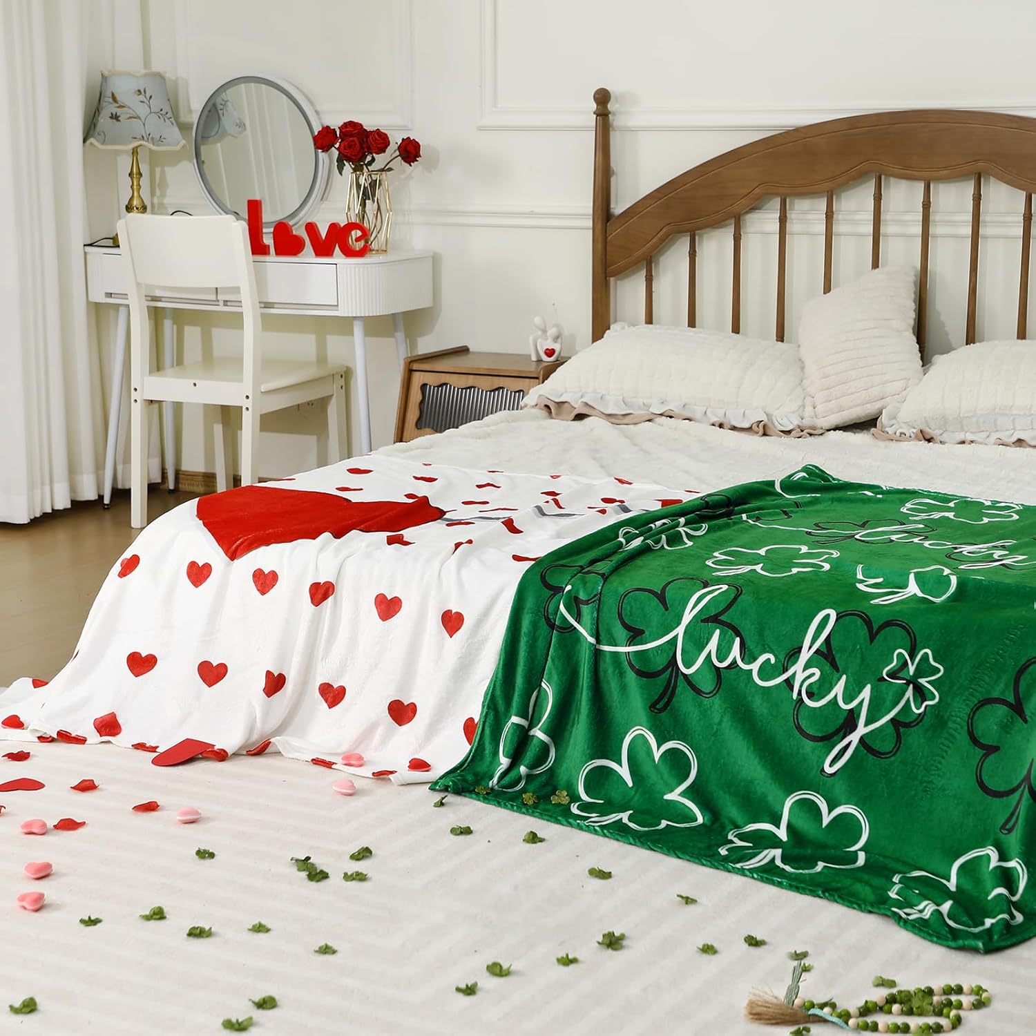 Tudomro 3 Pack St. Patrick's Day Easter Blanket 50"×60" Soft Warm Throw Blanket Green Shamrock Bunny Egg Red Heart Envelope Decor for Couch Sofa Bed, Spring Valentine's Day Gift for Adult and Lovers