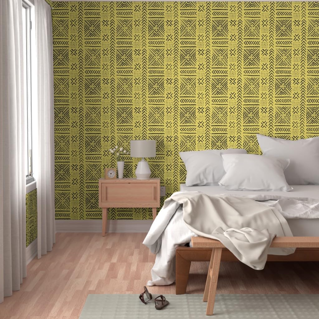 Peel & Stick Wallpaper 3ft x 2ft - Line Mud Cloth Yellow Large Africa African Tribal Afrocentric Custom Removable Wallpaper by Spoonflower