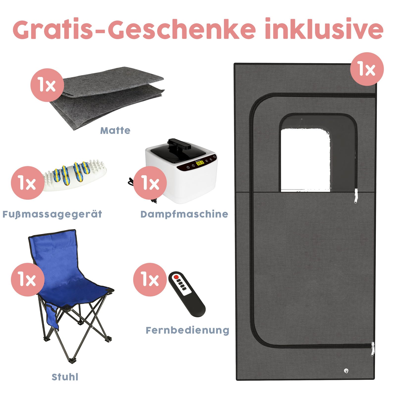 Adamson Sauna Indoor - Tragbare Dampfsauna für zu Hause - Saunazelt für Entspannung im heimischen Spa - 2.6L 1000W Dampfgerät - Stuhl - Fernbedienung - Fußmassagegerät - Nylon schwarz