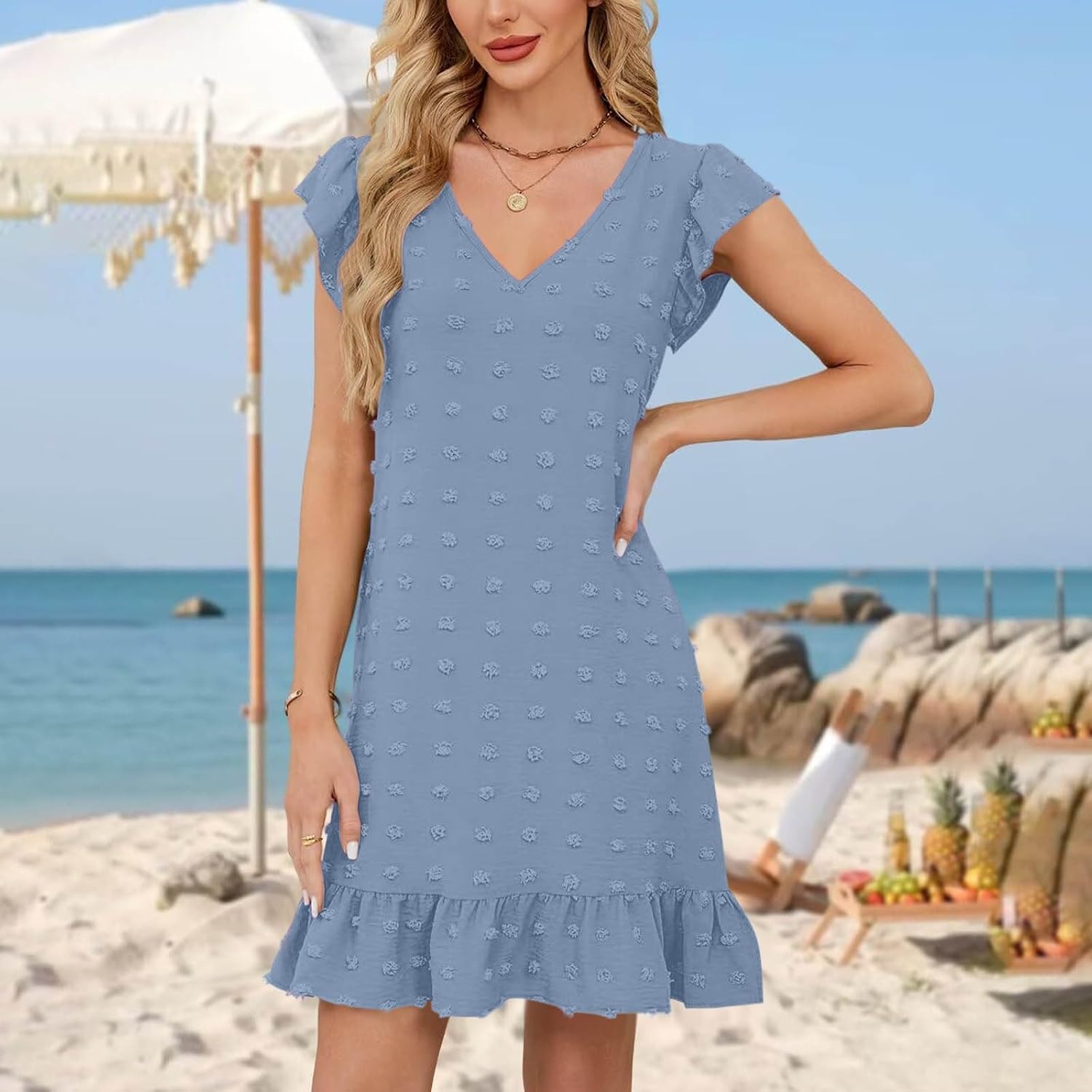 Summer Dresses for Women 2025 V Neck Cap Sleeve Ruffle Hem Smock Short Casual Outings Beach Dress