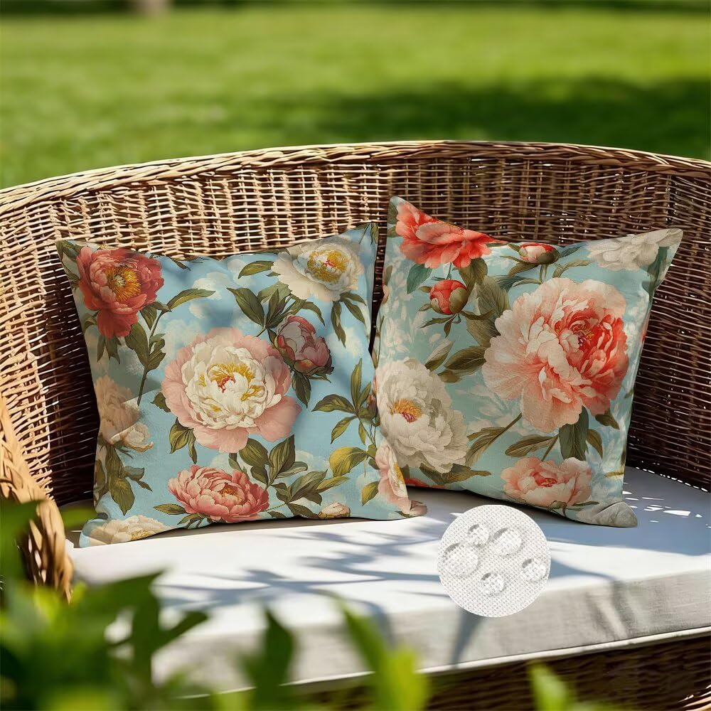 Outdoor Cushions Waterproof Spring Cushion Covers 35cm x 35cm Set of 2 Flower Garden Cushions Plant Cushion Cover Decorative Pillows Linen Throw Pillow Case for Couch Sofa Garden Furniture (IU195)
