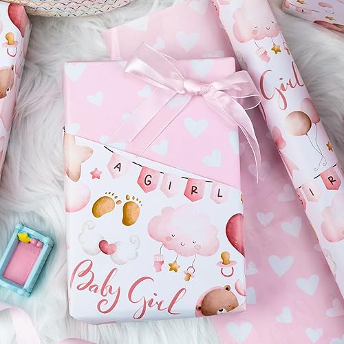 Miniatura 2 de MAYPLUSS Papel de regalo rosa para bebé, papel de regalo para niños, adorable oso rosa, nube, globo y lazo, papel de regalo para baby shower, primer