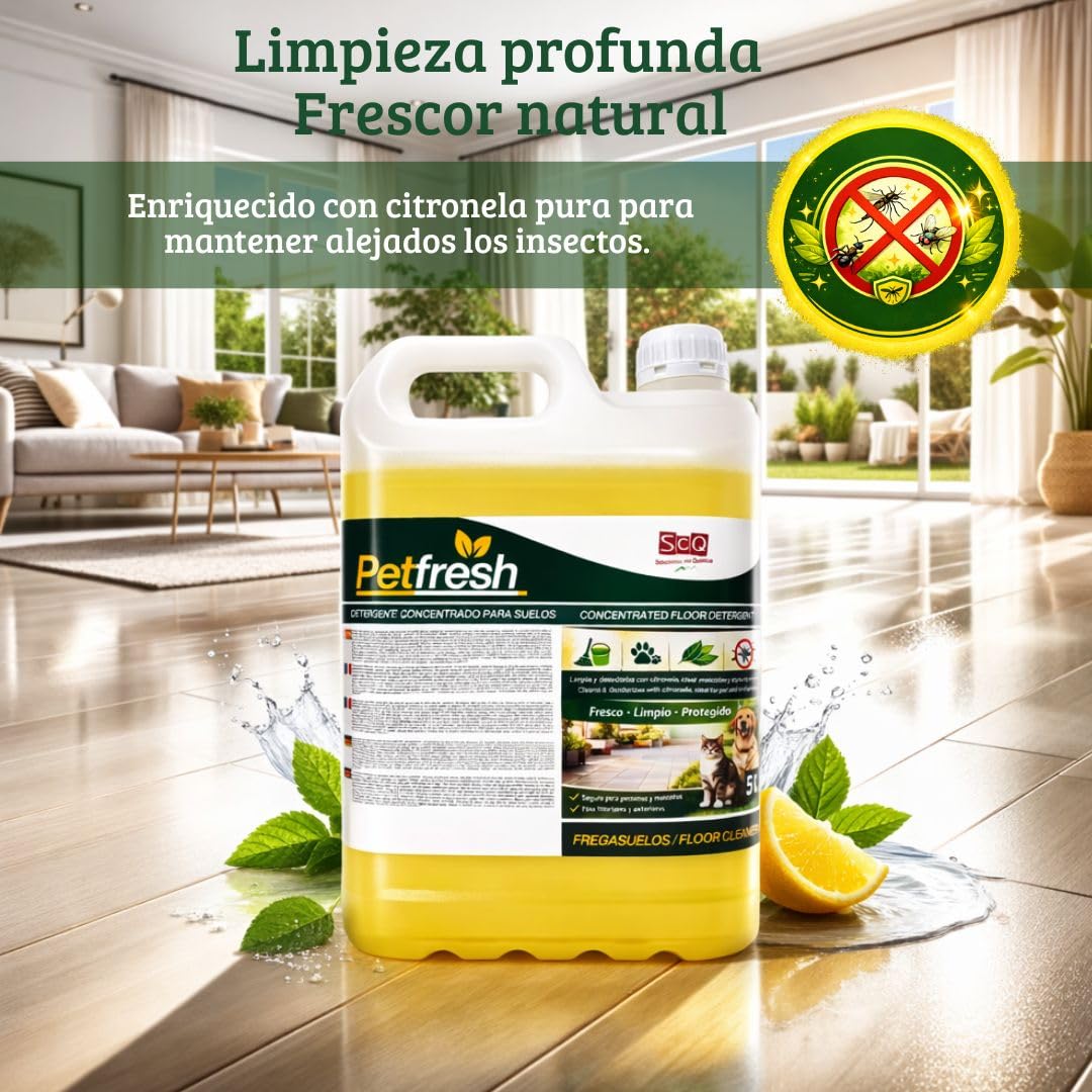 Fregasuelos Mascotas Detergente Elimina olores con Citronela | Concentrado | Poco Agradable para Mosquitos e Insectos | Aroma Fresco | Elimina Olores de Perros y Gatos (1L) (5l)