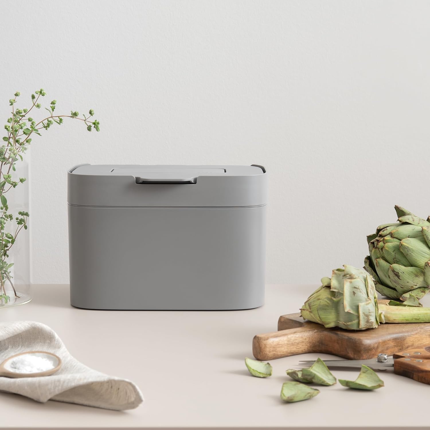 KAZAI. Compost Bin Kitchen 'Elin' | 1.2 GAL / 4.5L Countertop Compost Bin with Lid & Carbon Filter | Odor-Free, Dishwasher Safe, with Inner Bucket | Small Indoor Kitchen Composter | Stone-Gray