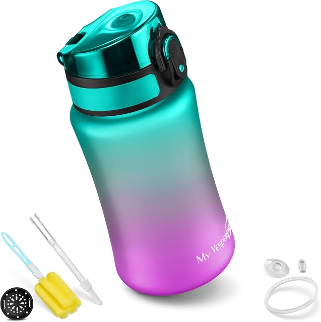 My Vesperbox Minny butelka na napoje dla dzieci, zabezpieczona przed wyciekiem, ze słomką lub sitkiem, 350 ml, 500 ml, lekka, z tritanu, bez BPA, do przedszkola, szkoły (fioletowo-niebieska, 350 ml)