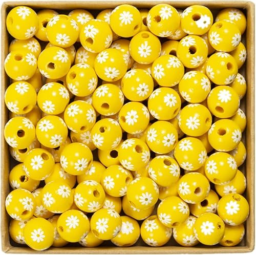 Decoendiy - 50 cuentas de madera de margarita, 0.630 in, flores coloridas pintadas de madera natural, cuentas espaciadoras sueltas para manualidades