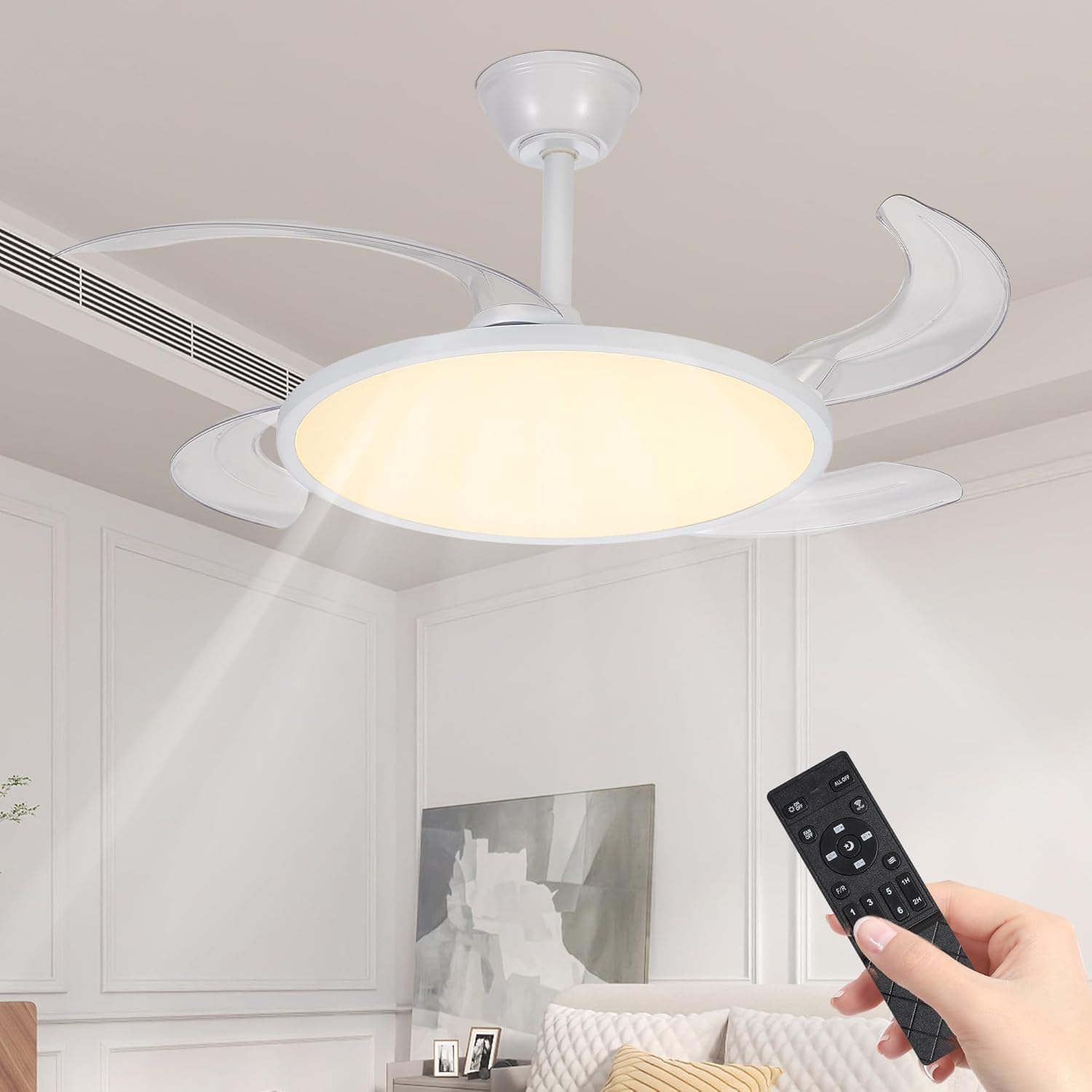 42 Inch Retractable Ceiling Fan with Light, APP & Remote Control, 6-Speed Reversible DC Motor, Dimmable 3 Color LED, Quiet Invisible Blades Ceiling Fan for Bedroom Living Room, White