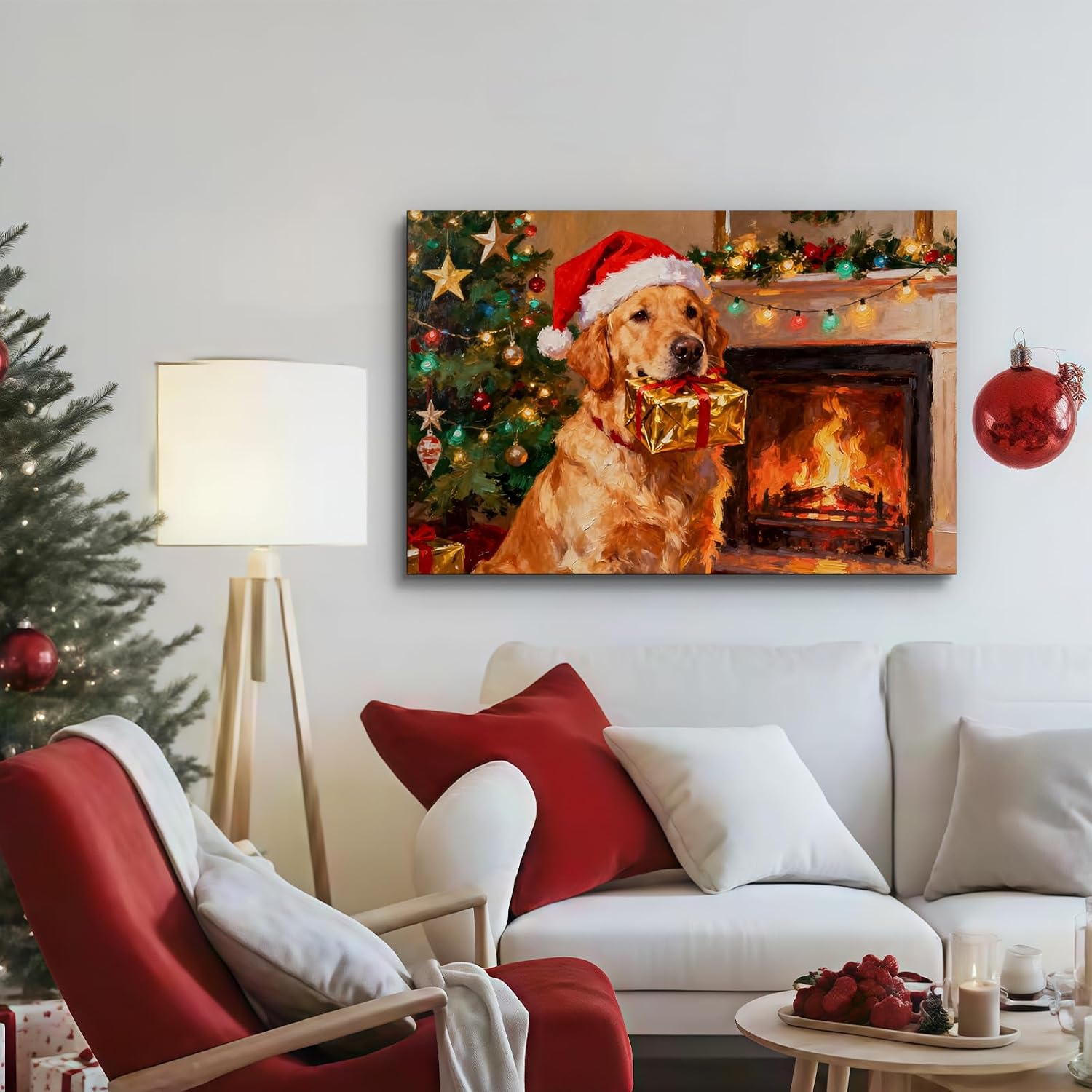 Craftline - Red Santa Hat Golden Retriever Christmas Canvas Wall Art, Rustic Farmhouse Dog by Fireplace Cabin Pictures Vintage Cottage Prints Santa Christmas Holiday Gifts 16x12 Poster for Living Room
