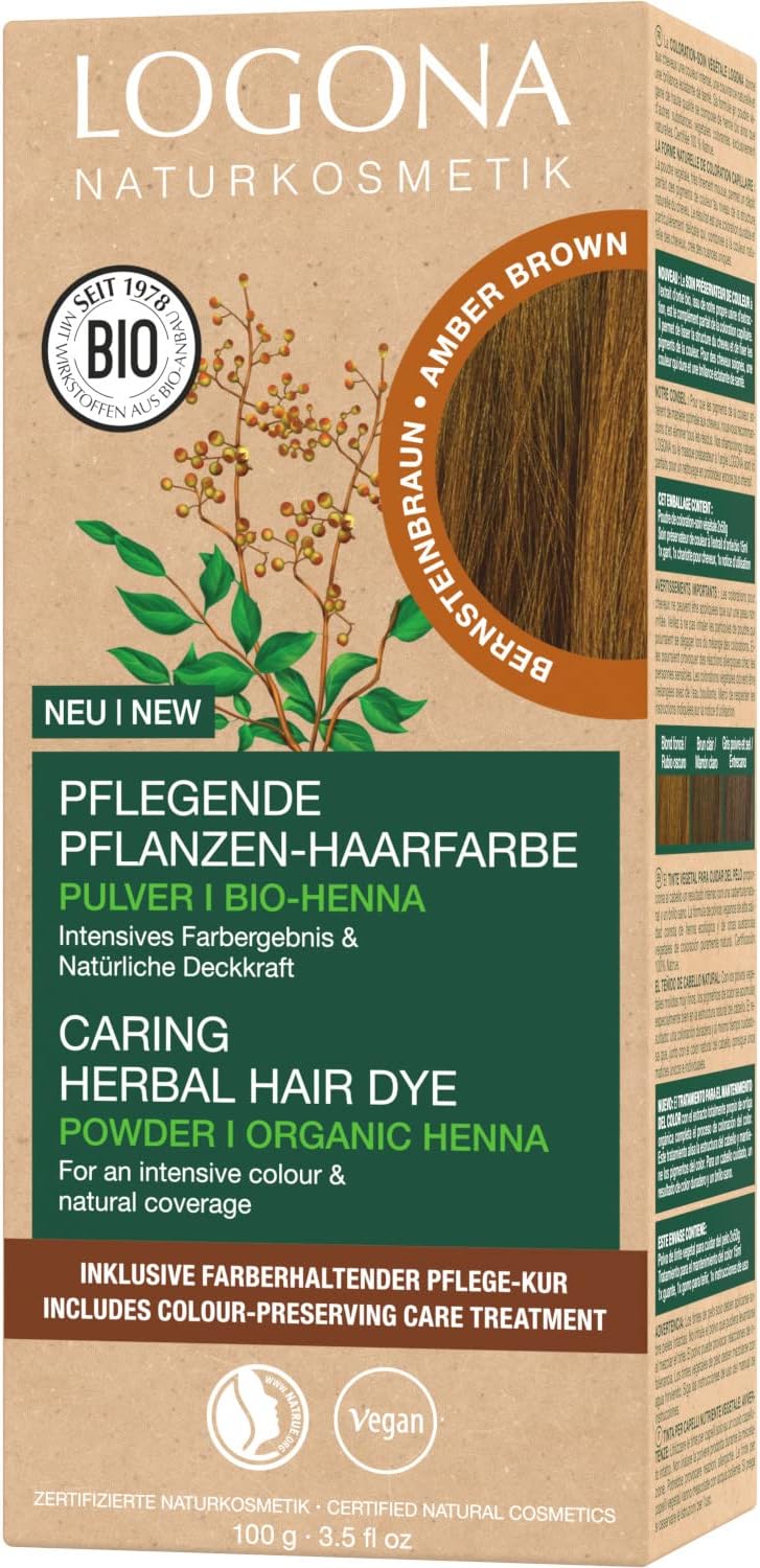 LOGONA Naturkosmetik Verzorgende plantaardige haarverf, veganistisch haarkleurpoeder met biologische henna voor intensieve kleur en glans, plantaardige haarverf in barnsteenbruin, 1 x 100 g LOGONA Naturkosmetik Verzorgende plantaardige haarverf, veganistisch haarkleurpoeder met biologische henna voor intensieve kleur en glans, plantaardige haarverf in barnsteenbruin, 1 x 100 g