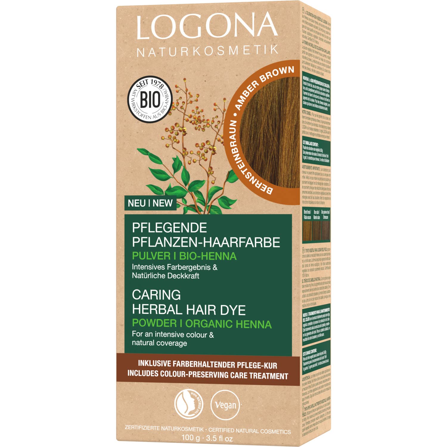 LOGONA Naturkosmetik Tinte vegetal nutritivo para el cabello, polvo vegano con henna orgánica para un color intenso y brillo, color de plantas en ámbar (marrón), 1 x 100 g Natrue