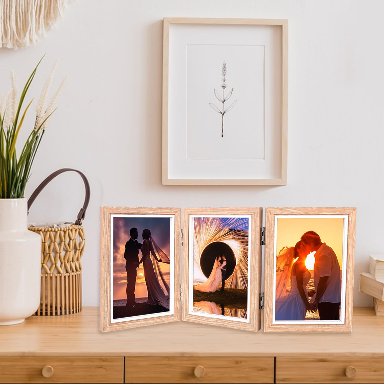 Cadre Photo Triple Pliable Pour 3 Photos 10x15 Cm – En MDF Marron Clair, Plaque Acrylique | Déco Salon Bureau Mariage - 3