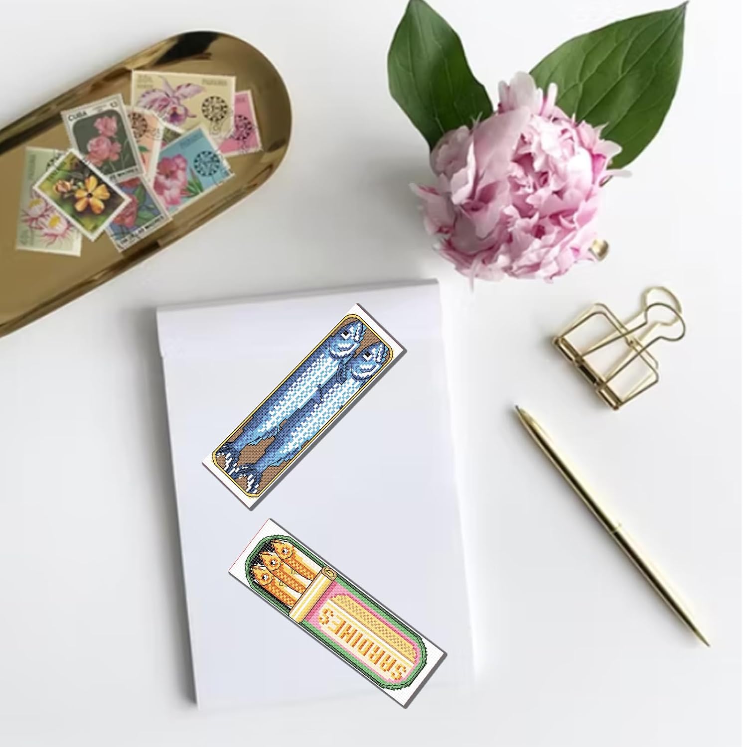 FREEBLOSS 6 Set Cross Stitch Bookmark Kit Stamped Cross Stitch Kit for Beginners Embroidery Set with Instruction for Adult Canned Fish Patterns 8"*2.4"