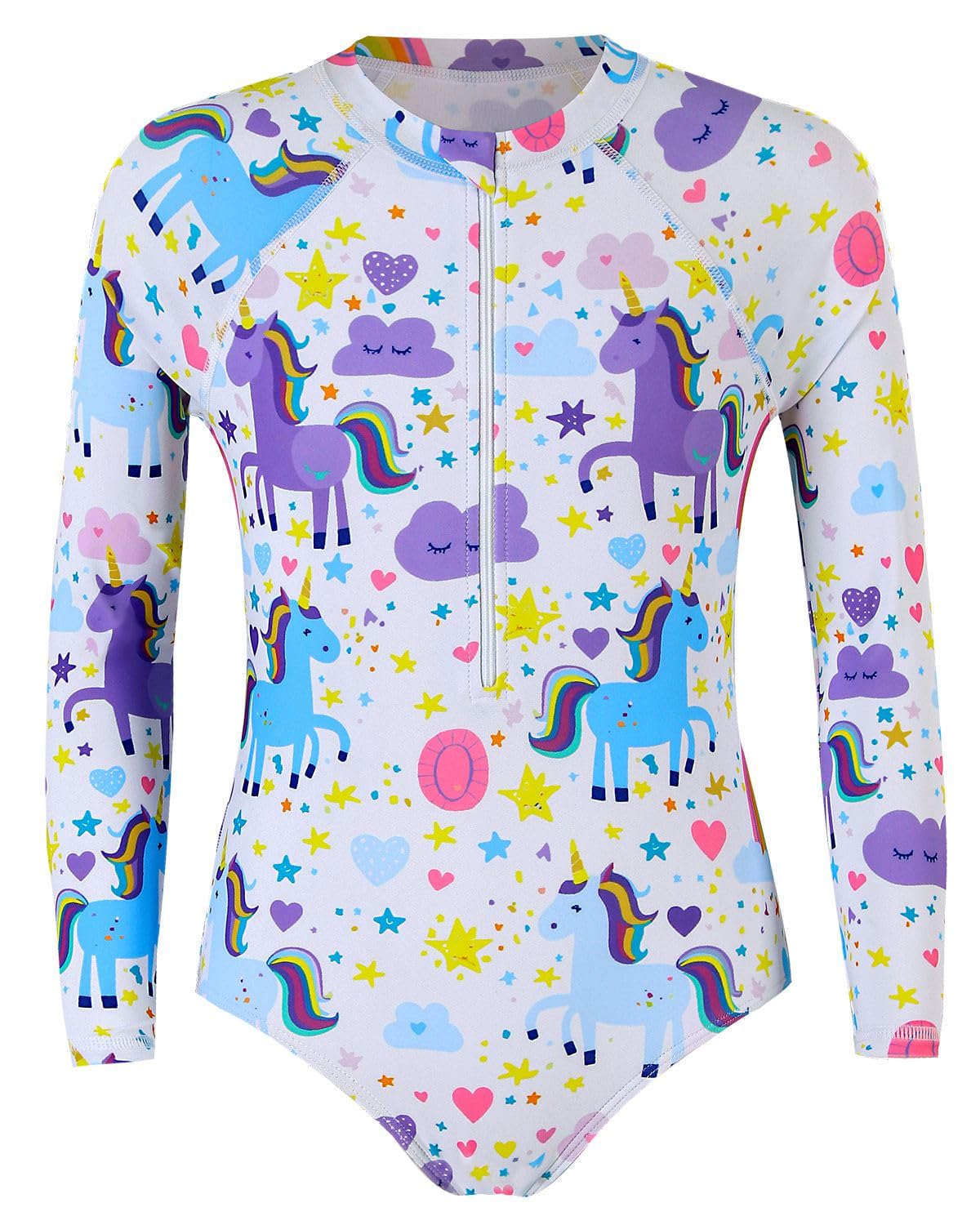 Hulaha Size 2-9 Years Girls One Piece Swimsuit Kids Long Sleeve Swimsuit Zipper UPF Rashguard Swimwear