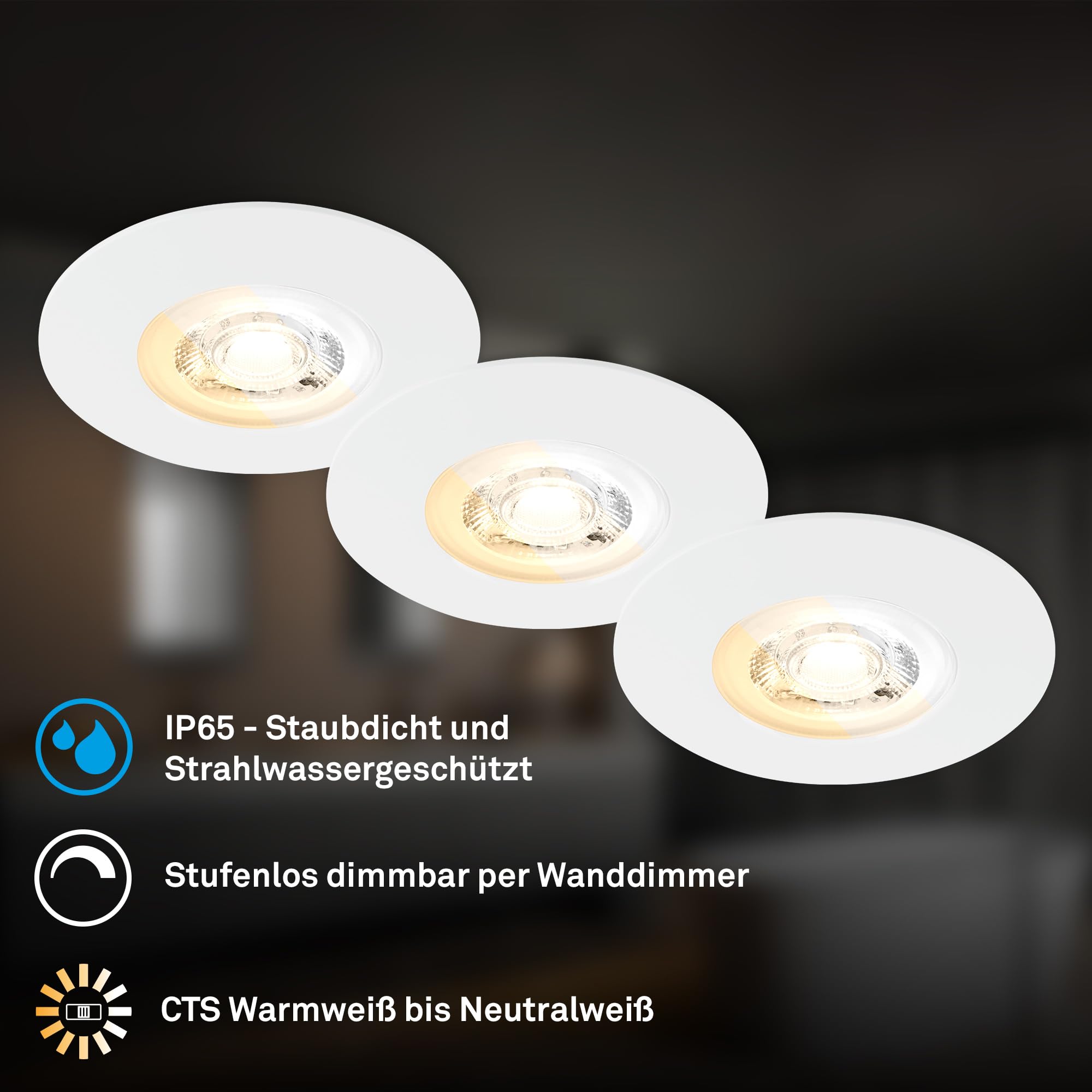 BRILONER - 3er Set LED Bad Einbaustrahler, Dimmbar, CCT, IP65, Weiß | Staub- und Strahlwasserschutz, Spot, Deckenspots, Einbauleuchten, Badspot, Deckenstrahler, 68mm Lochmass, 2700K-4000K