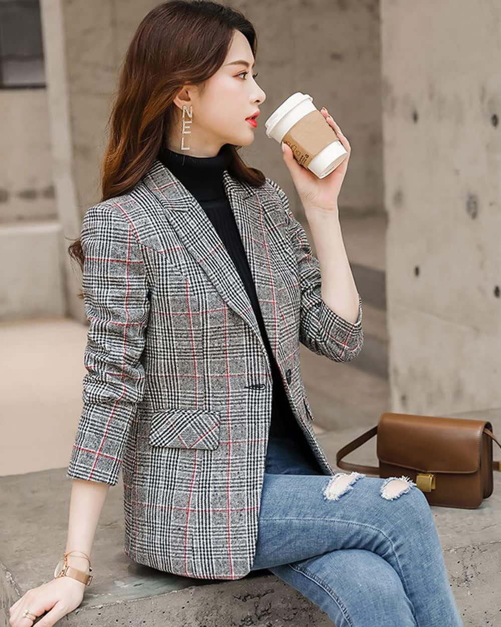 Womens Plaid Blazer Classic Notch Lapel Button Long Sleeve Slim Checker Jacket Outwear