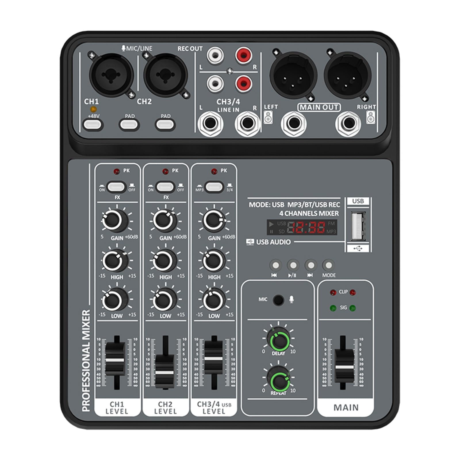 4 Channel Mixer 48V Phantom Power USB Studio Sound Mixers Bluetooth DJ Console Mixing